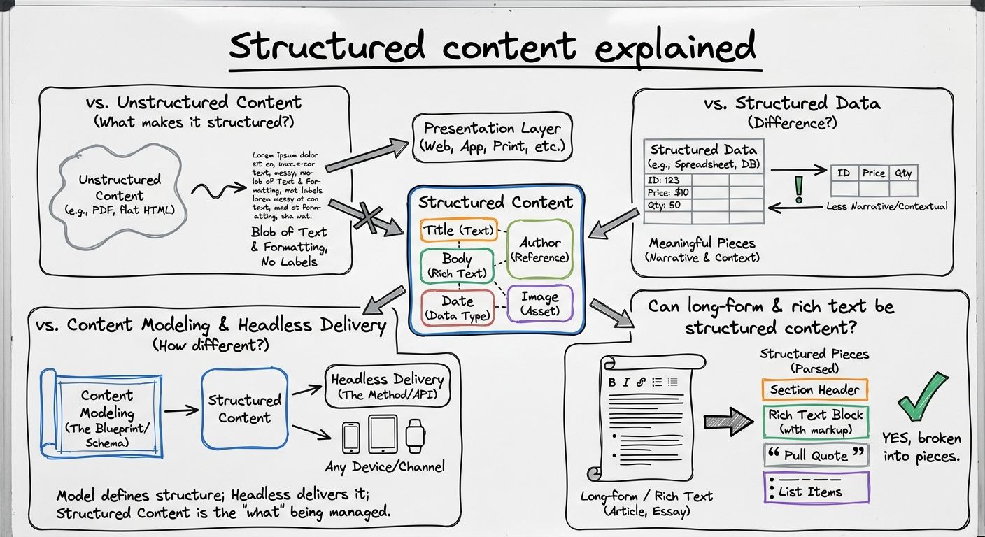 A diagram explaining Structured content in terms of related concepts.