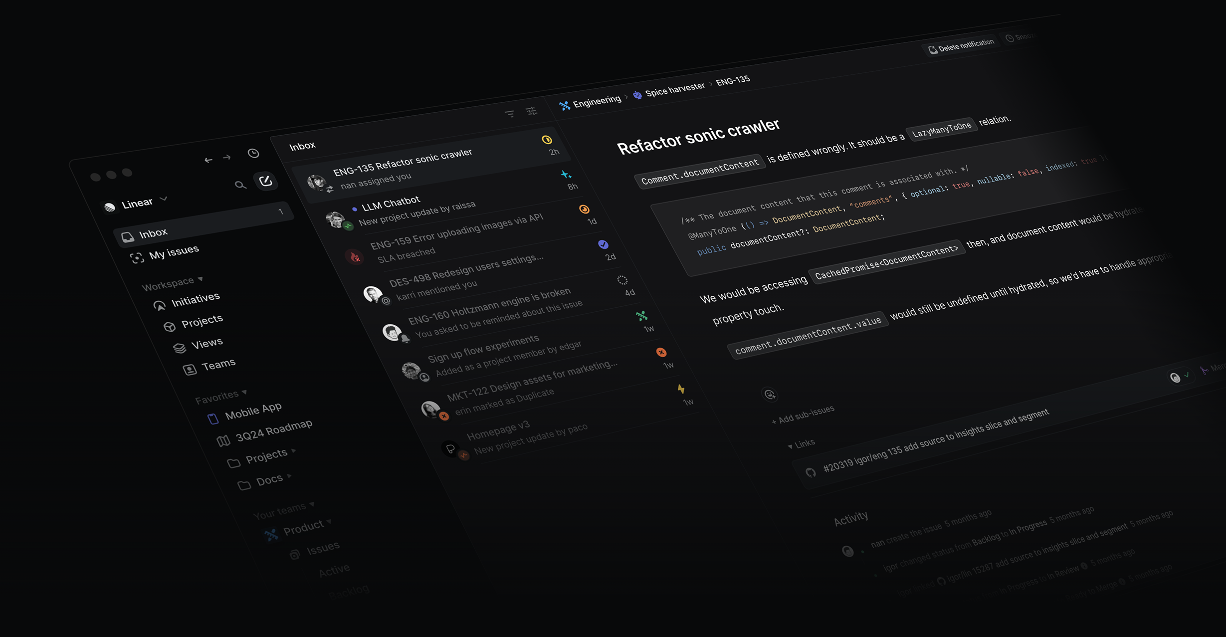 Linear app interface in dark mode showing an inbox and a task detail with code.