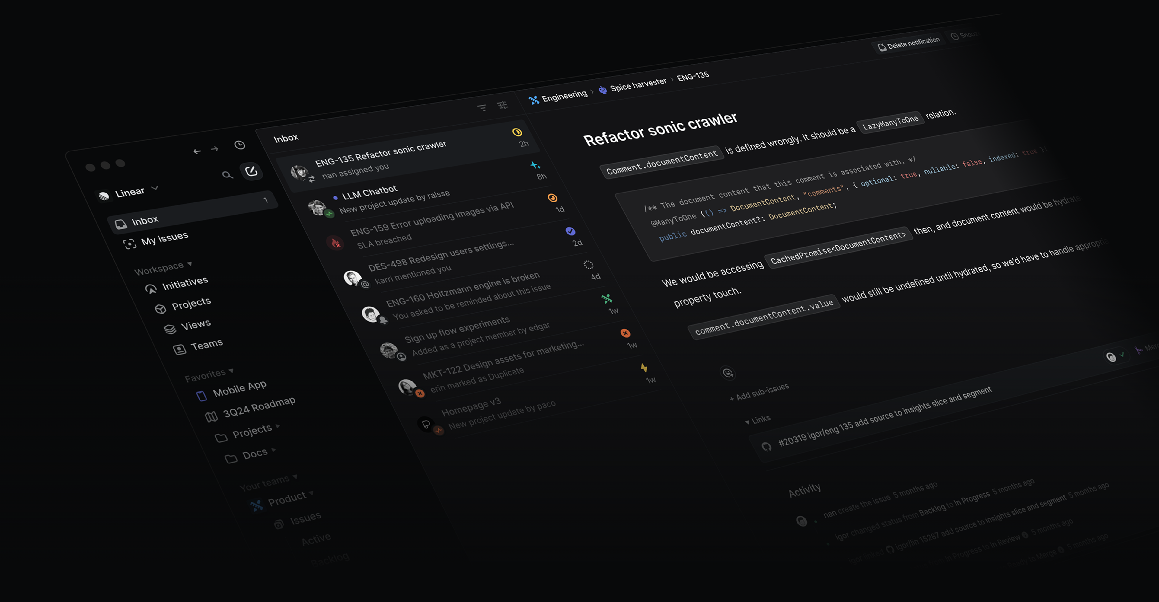 Linear app interface in dark mode showing an inbox and a task detail with code.
