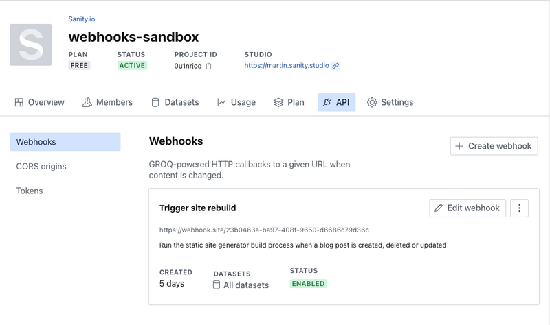 API settings with the webhook overview showing a “Trigger site rebuild” webhook.
