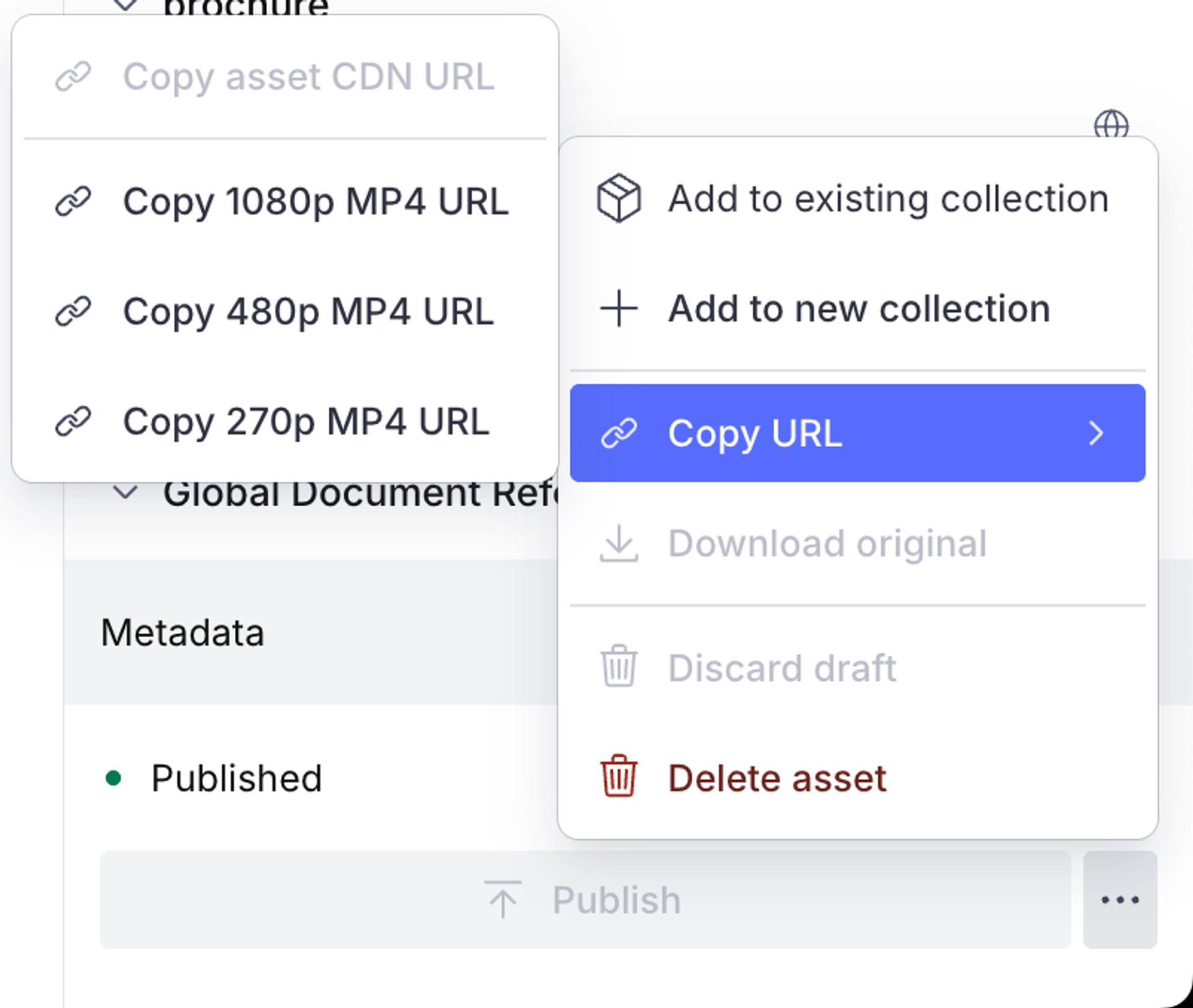 User interface displaying two overlapping dropdown menus with options for asset management and copying URLs in various formats.