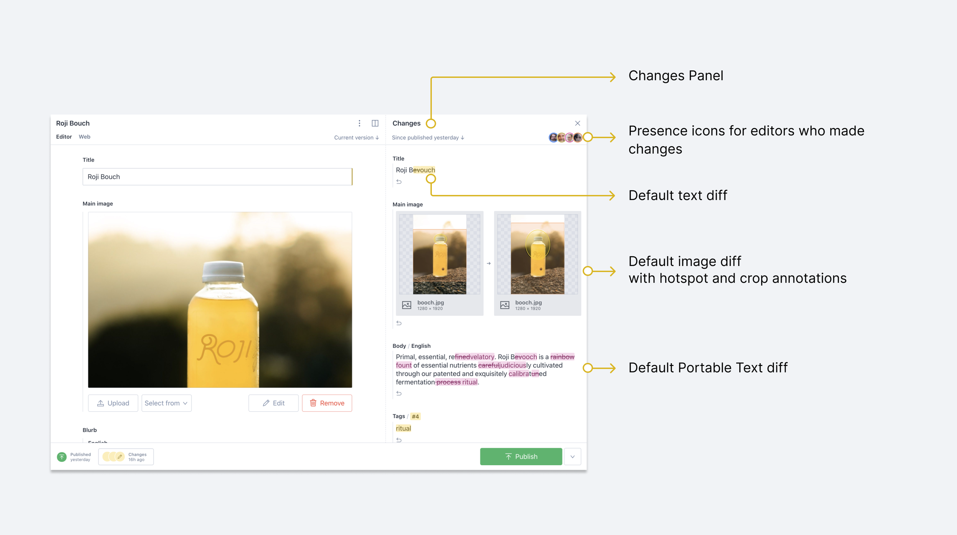 Annotated Diff screen for default String, Image, and Portable Text fields