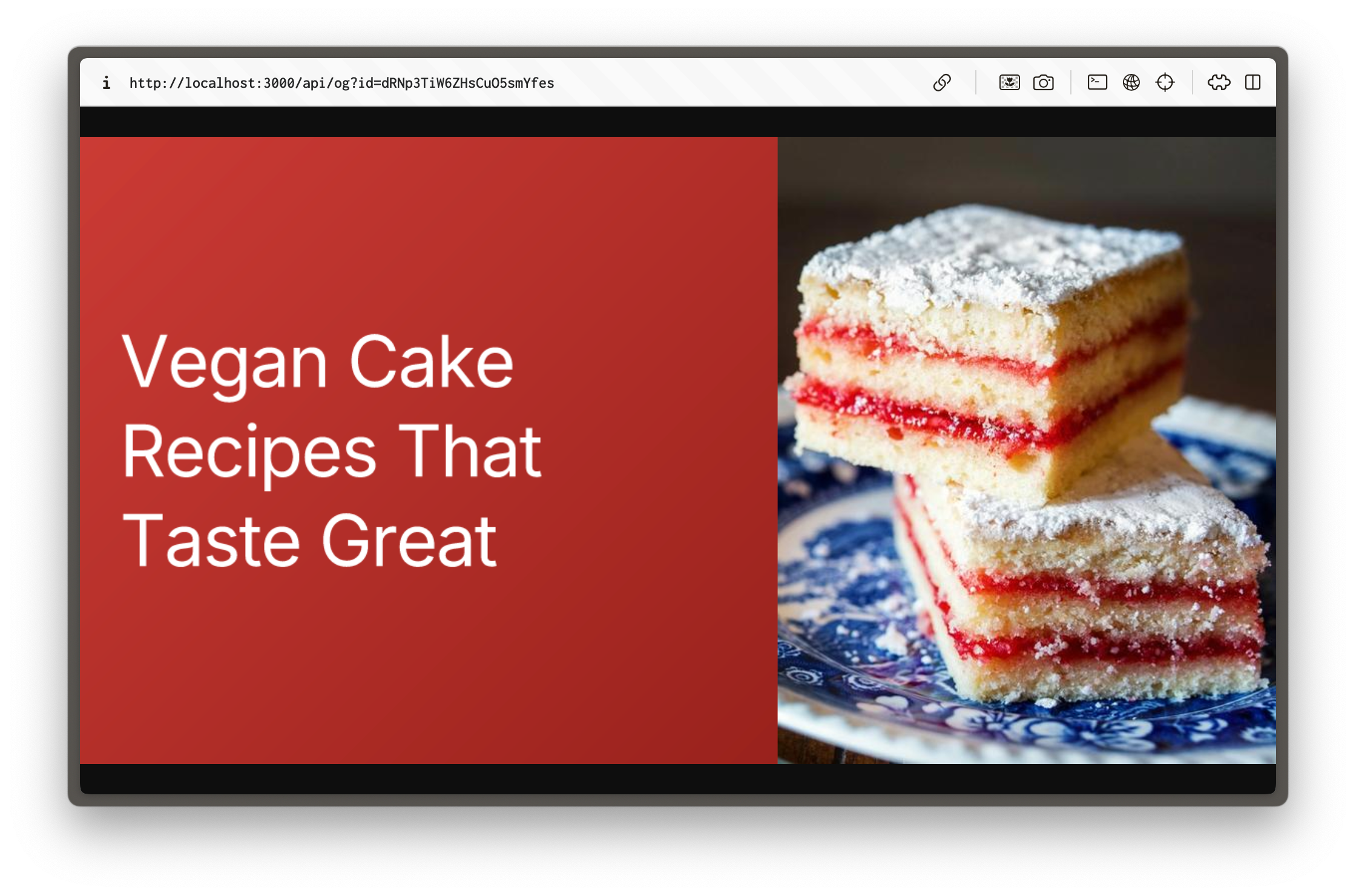 A red card with a cake and the words "vegan cake recipes that taste great"