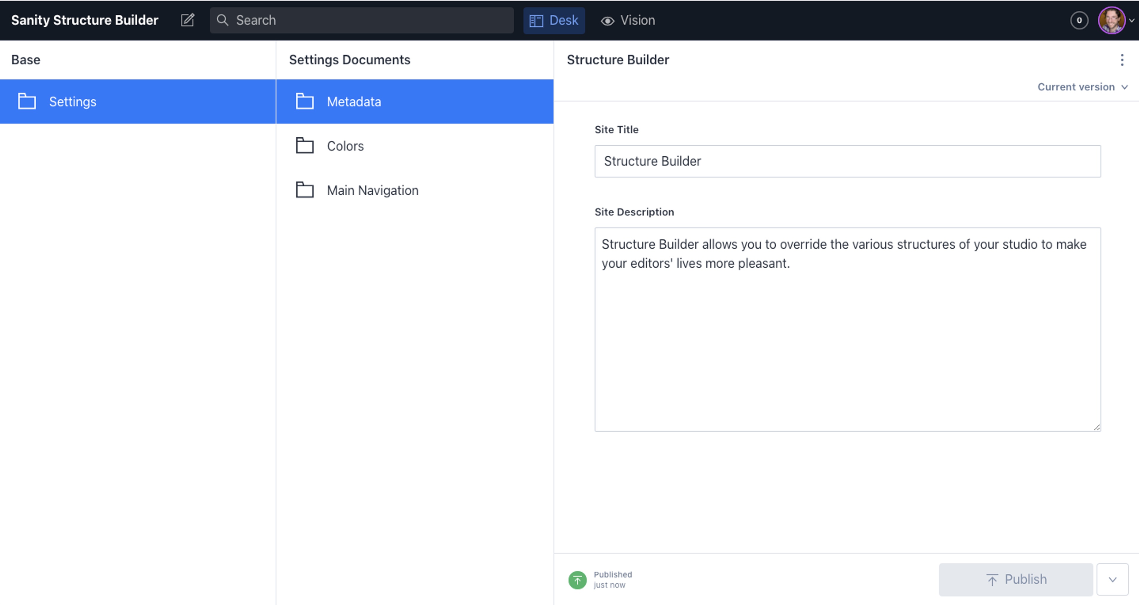 Breaking our site settings into specific use-case documents for metadata, colors, and navigation.