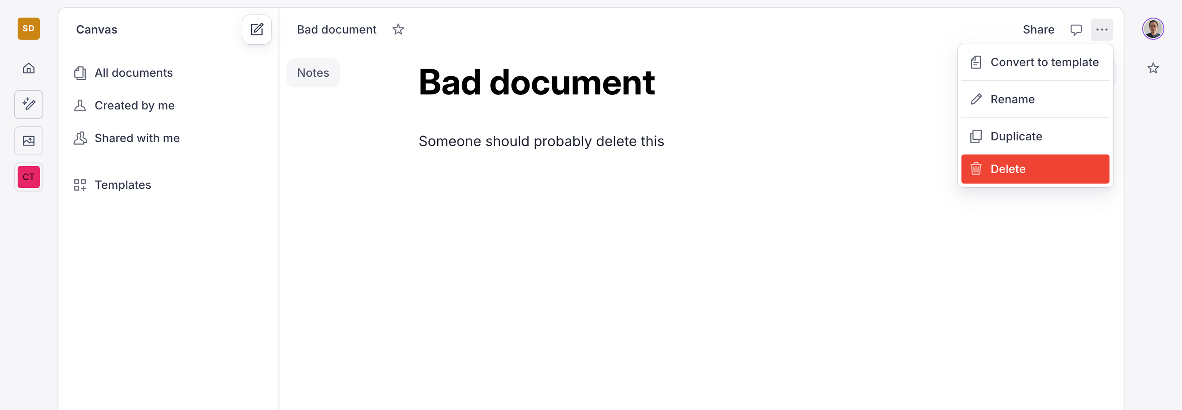 Shows the menu option for deleting the selected document