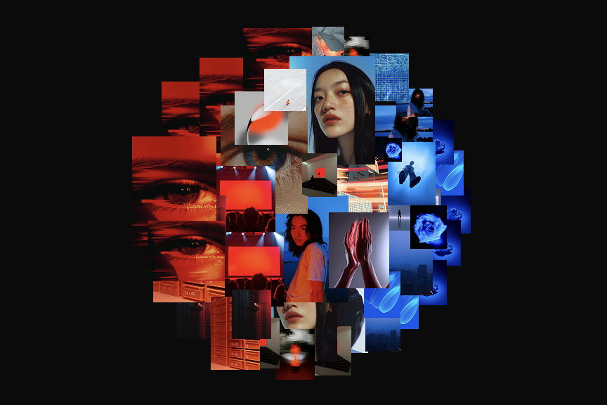Circular photo mosaic blending red images on the left with blue images on the right, on a black background.