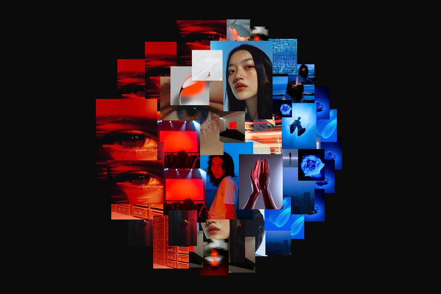 Circular photo mosaic blending red images on the left with blue images on the right, on a black background.