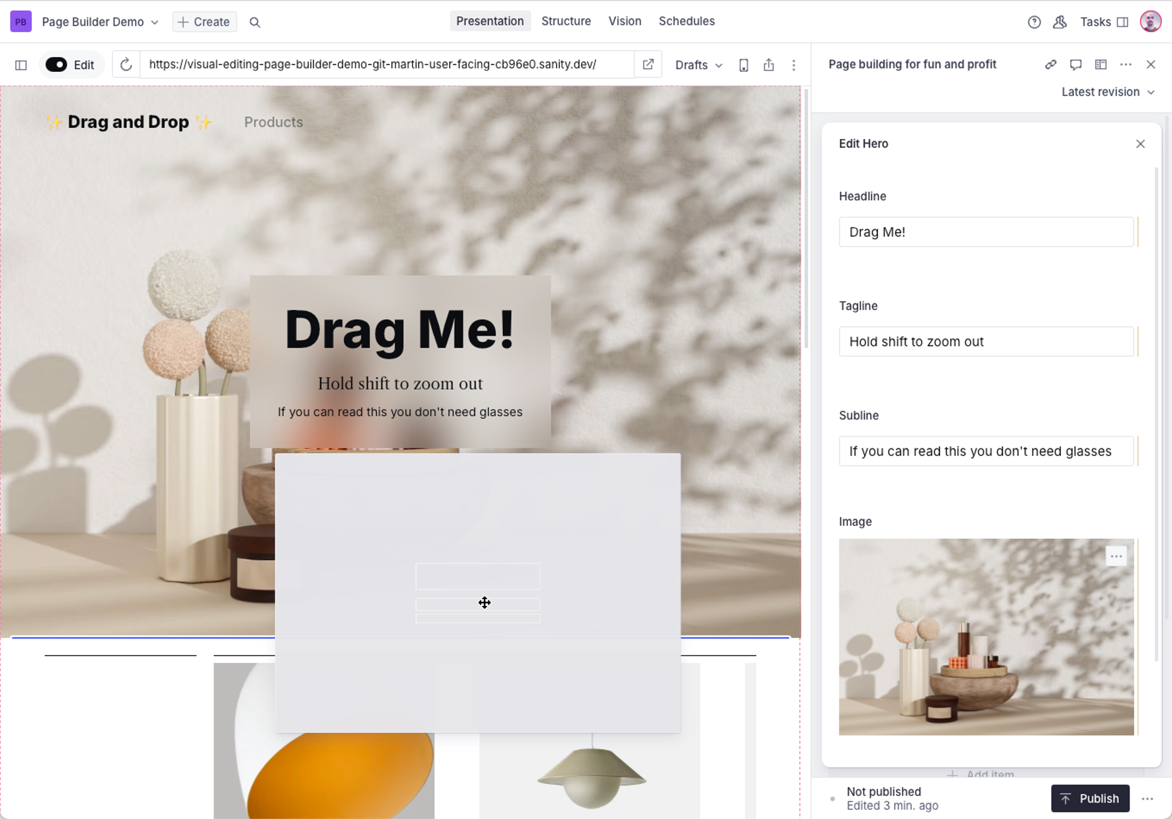 A complex content block is represented by a gray rectangle while dragging