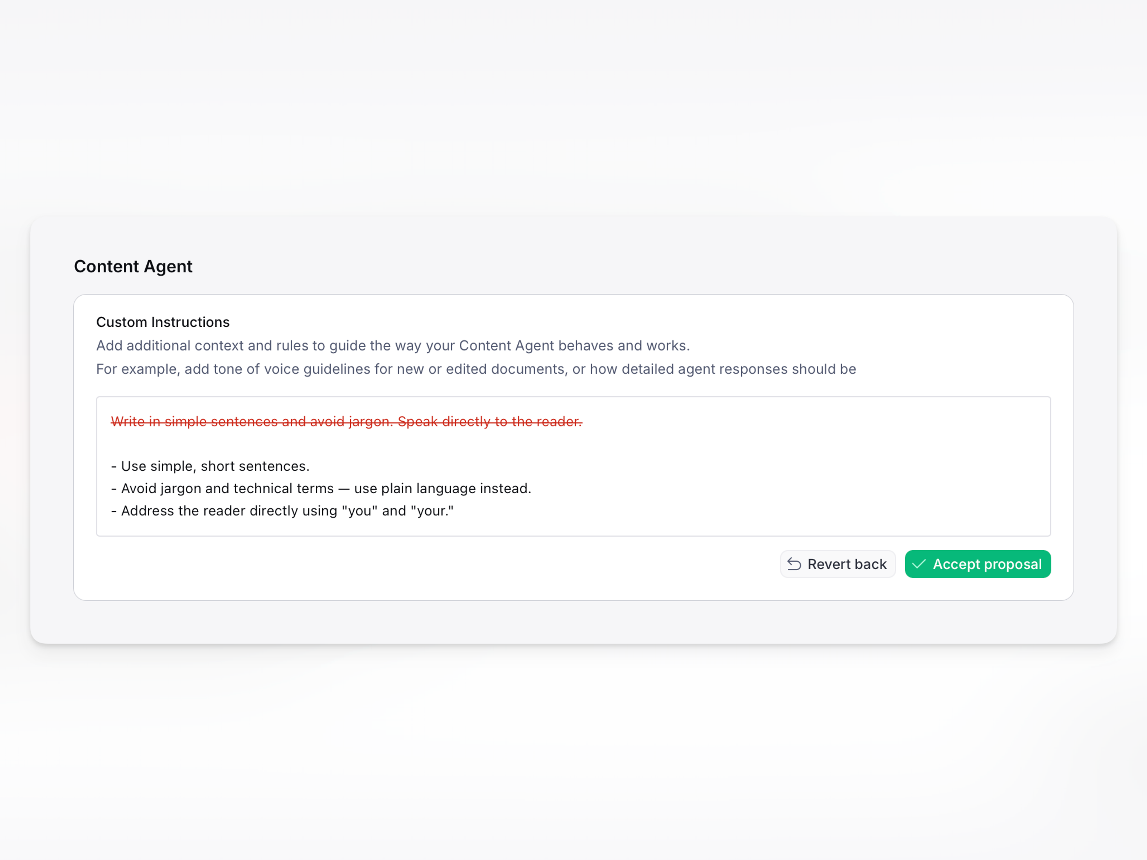 The Content Agent custom instructions editor showing a proposed rewrite of an instruction, with Accept proposal and Revert back buttons.
