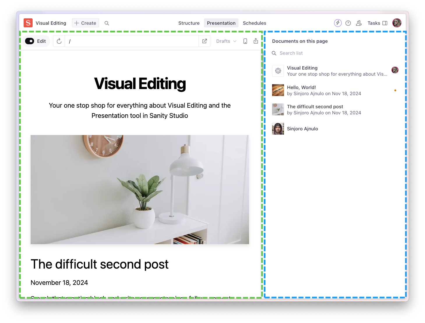 The preview area (left) appears side by side with the editorial interface (right)