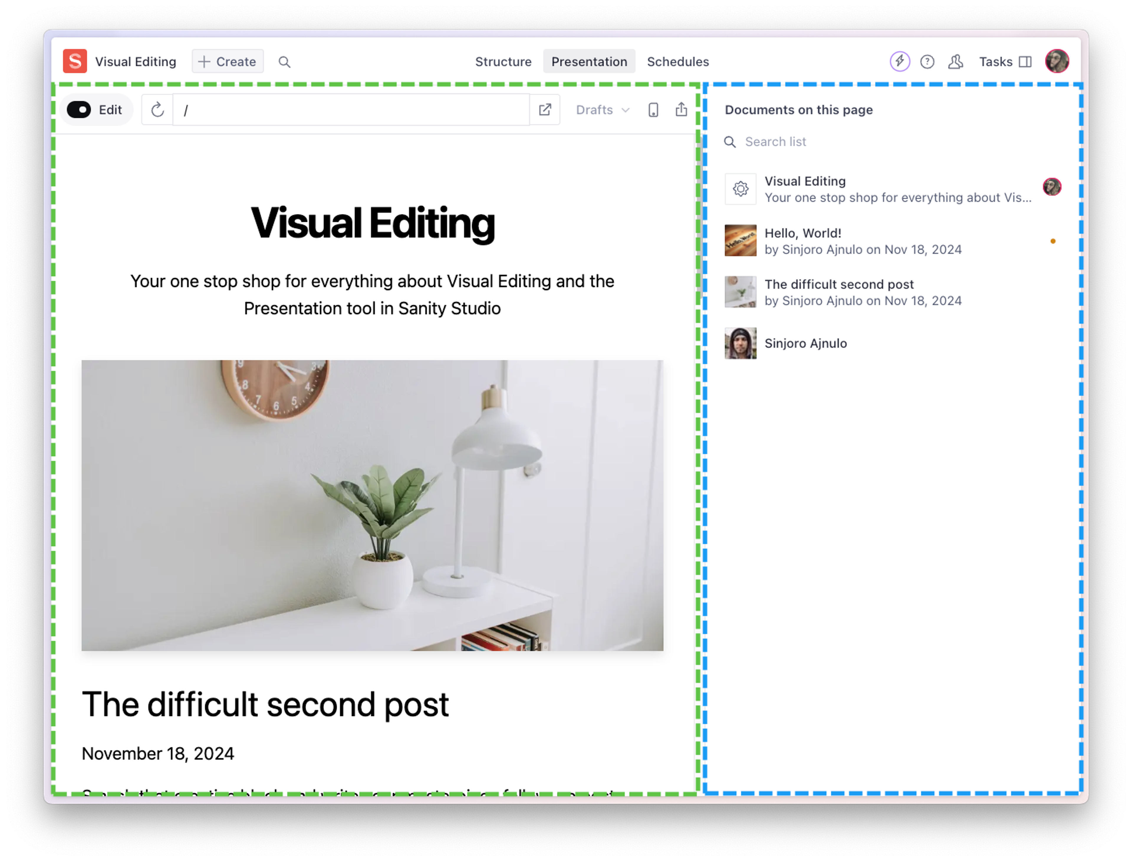 The preview area (left) appears side by side with the editorial interface (right)