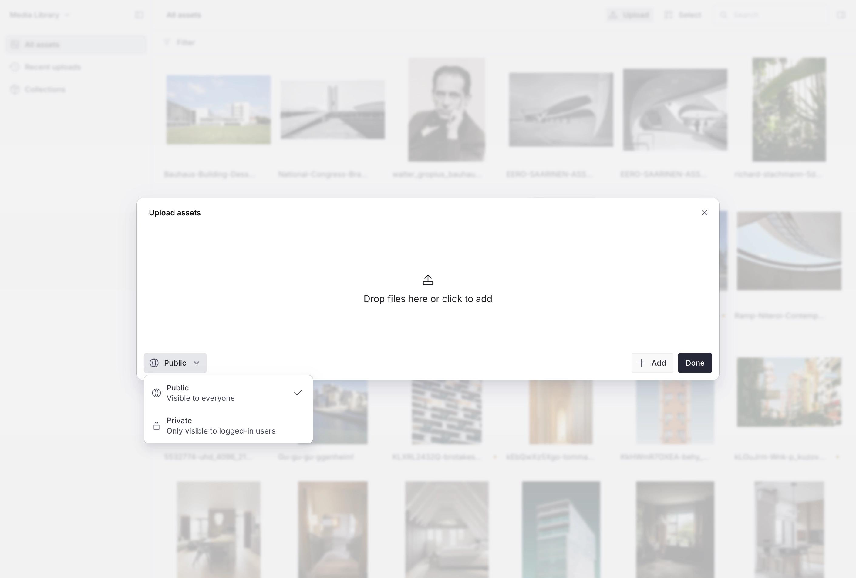 Media Library interface with an Upload modal open, showing the visibility switcher affordance for setting the visibility of assets as they are uploaded.