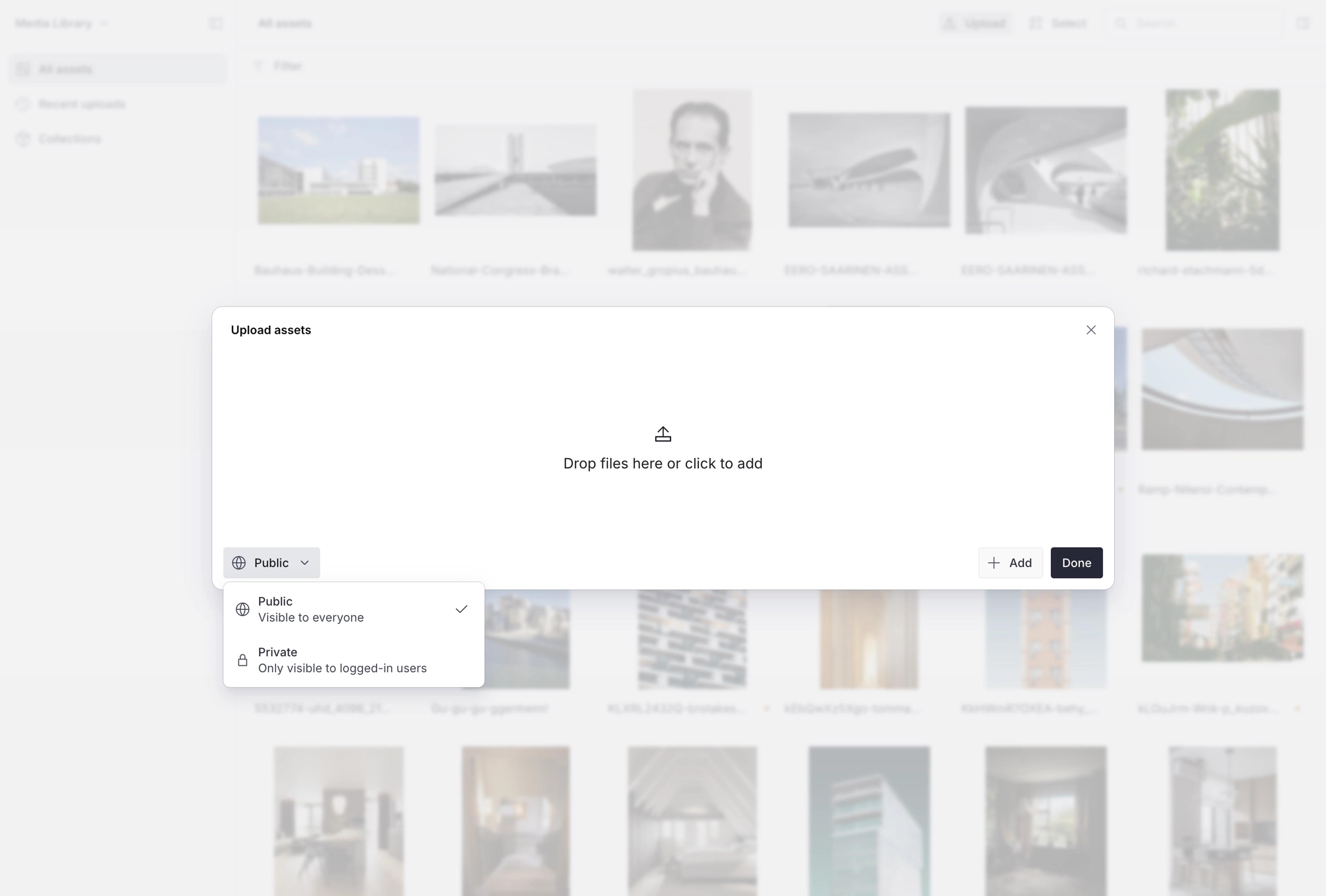 Media library interface with a Upload modal open, showing the visibility switcher affordance for setting the visibility of assets as they are uploaded.