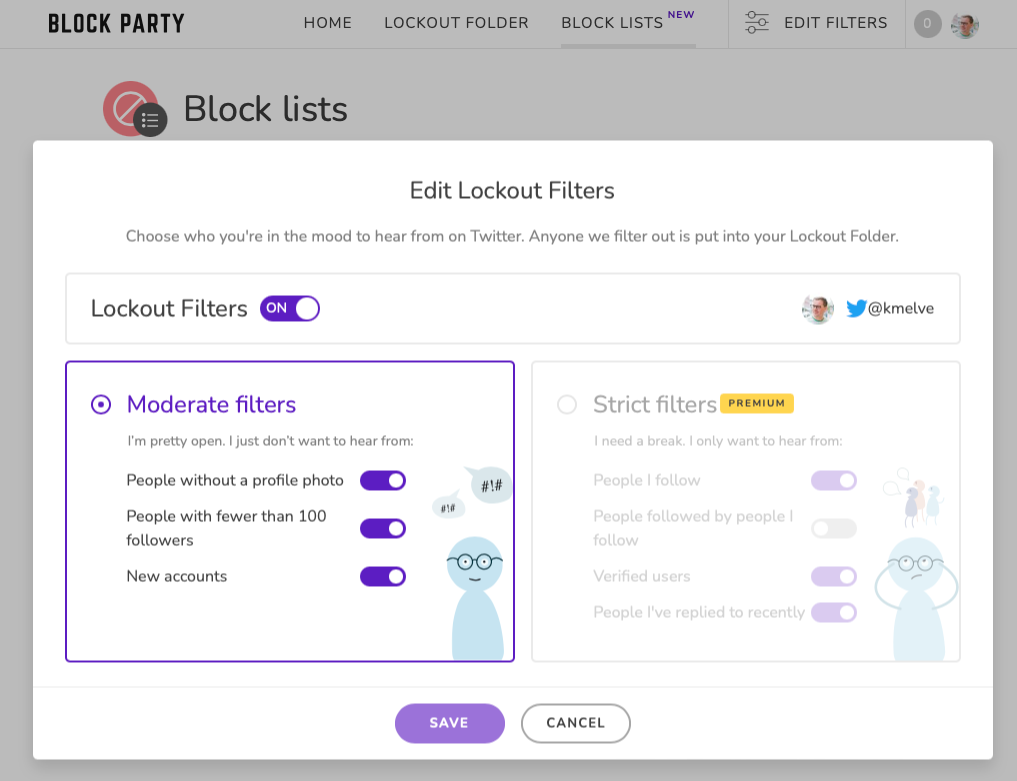 The Block Party filter configuration screen showing the free options and the premium options.