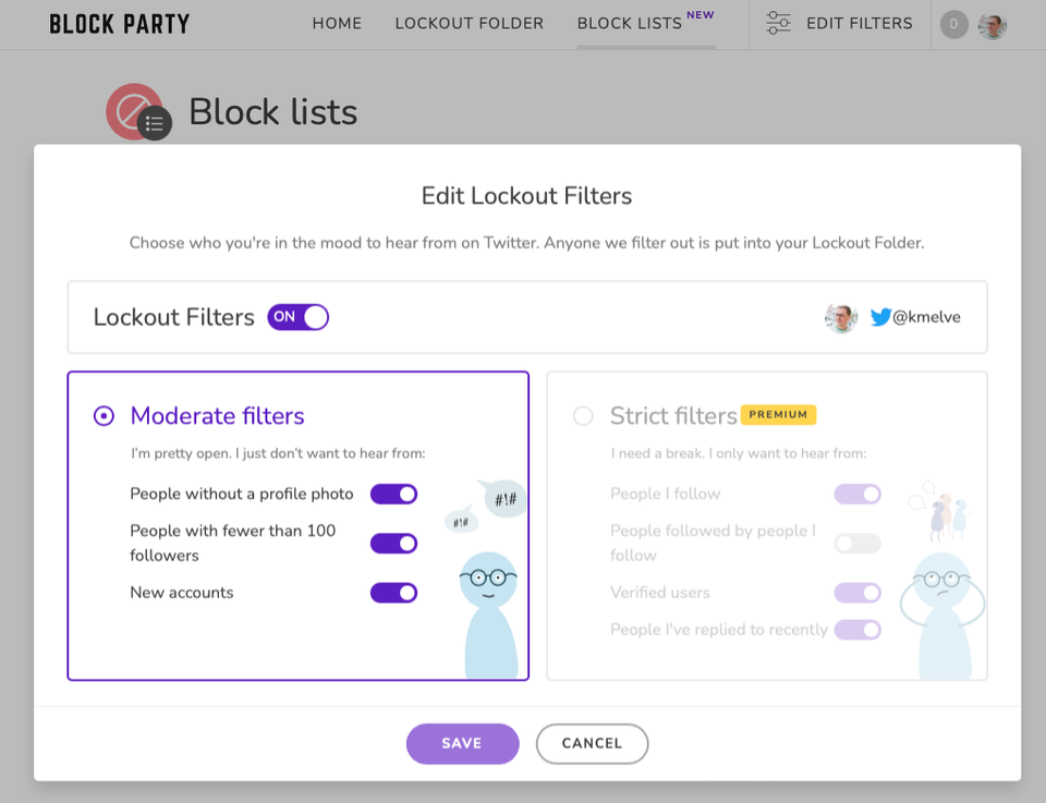 The Block Party filter configuration screen showing the free options and the premium options.