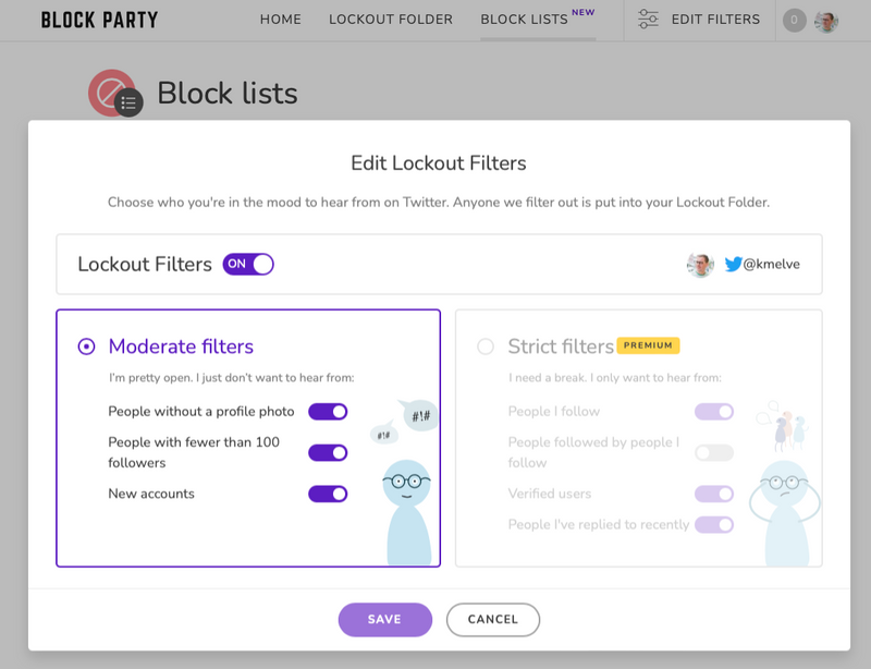 The Block Party filter configuration screen showing the free options and the premium options.