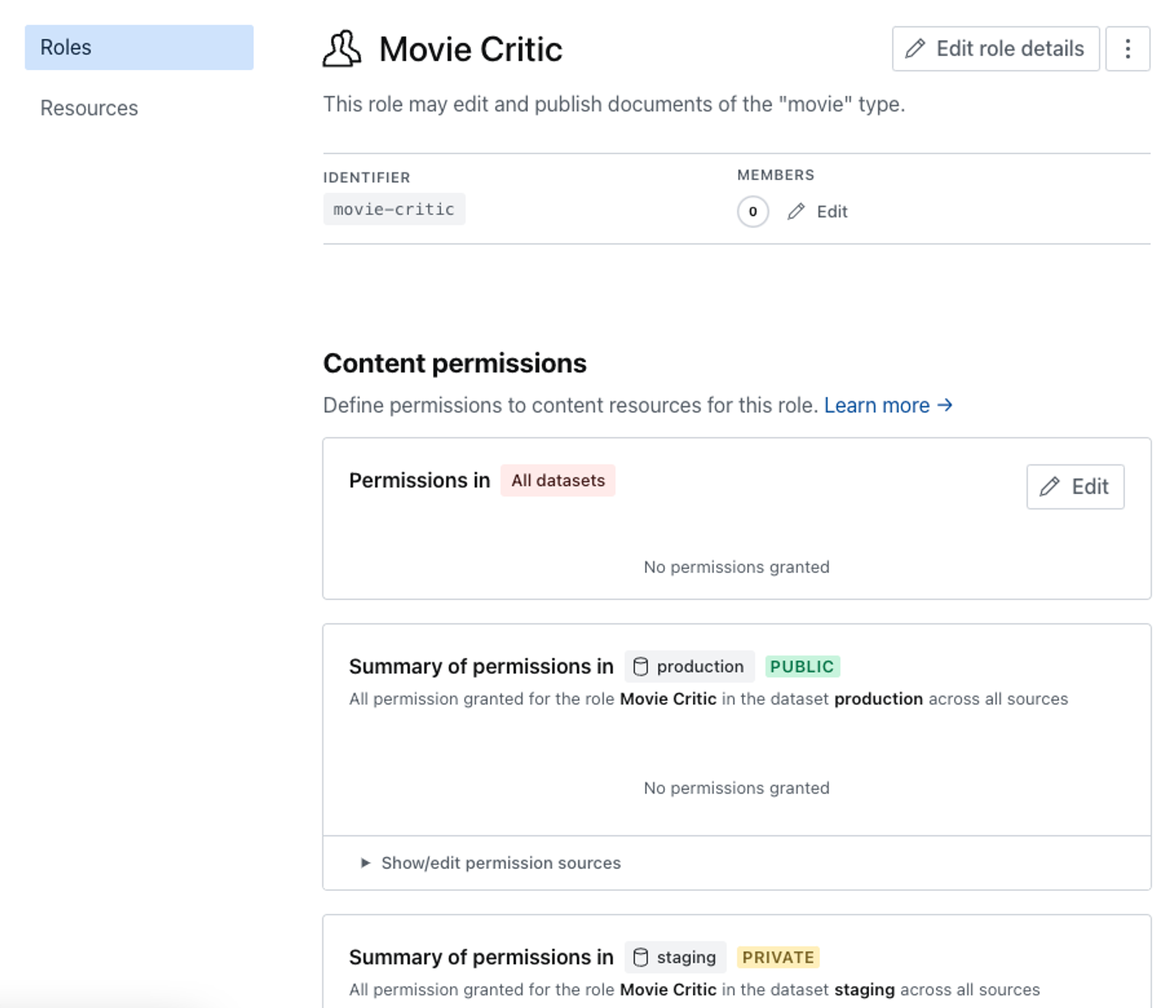 Shows overview of permissions for role
