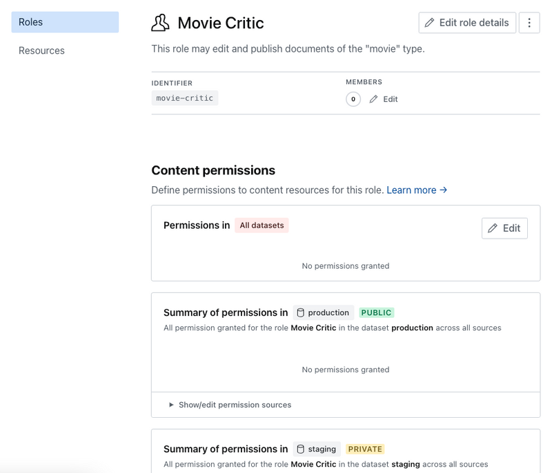 Shows overview of permissions for role