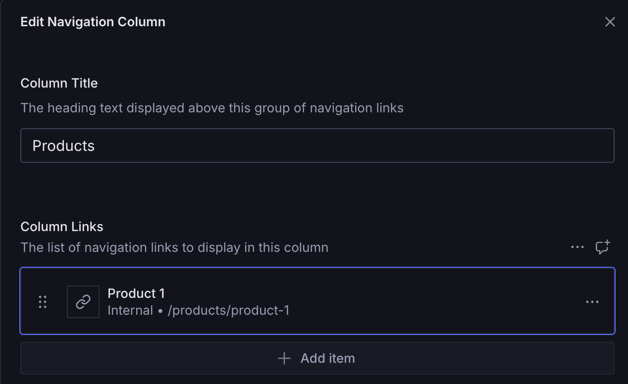 The Edit Navigation Column dialog, where a link item previews as its title, Product 1, above the subtitle Internal • /products/product-1.