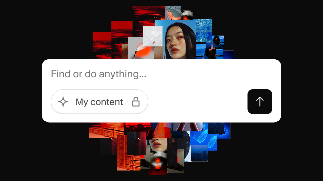 A search bar with "Find or do anything..." and "My content" centered over a radiating collage of red and blue-toned images on a black background.