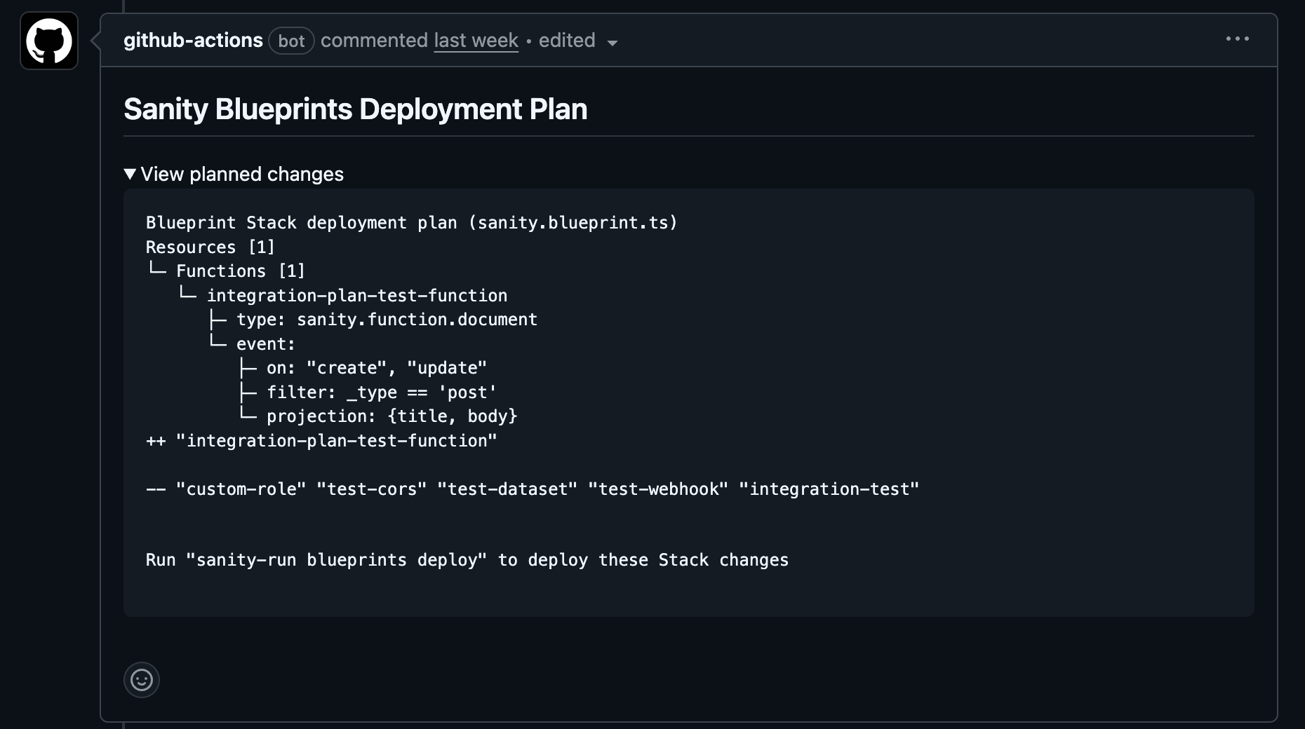 A Sanity Blueprints deployment plan from a GitHub Actions bot, detailing a new function, removed test resources, and the deploy command.