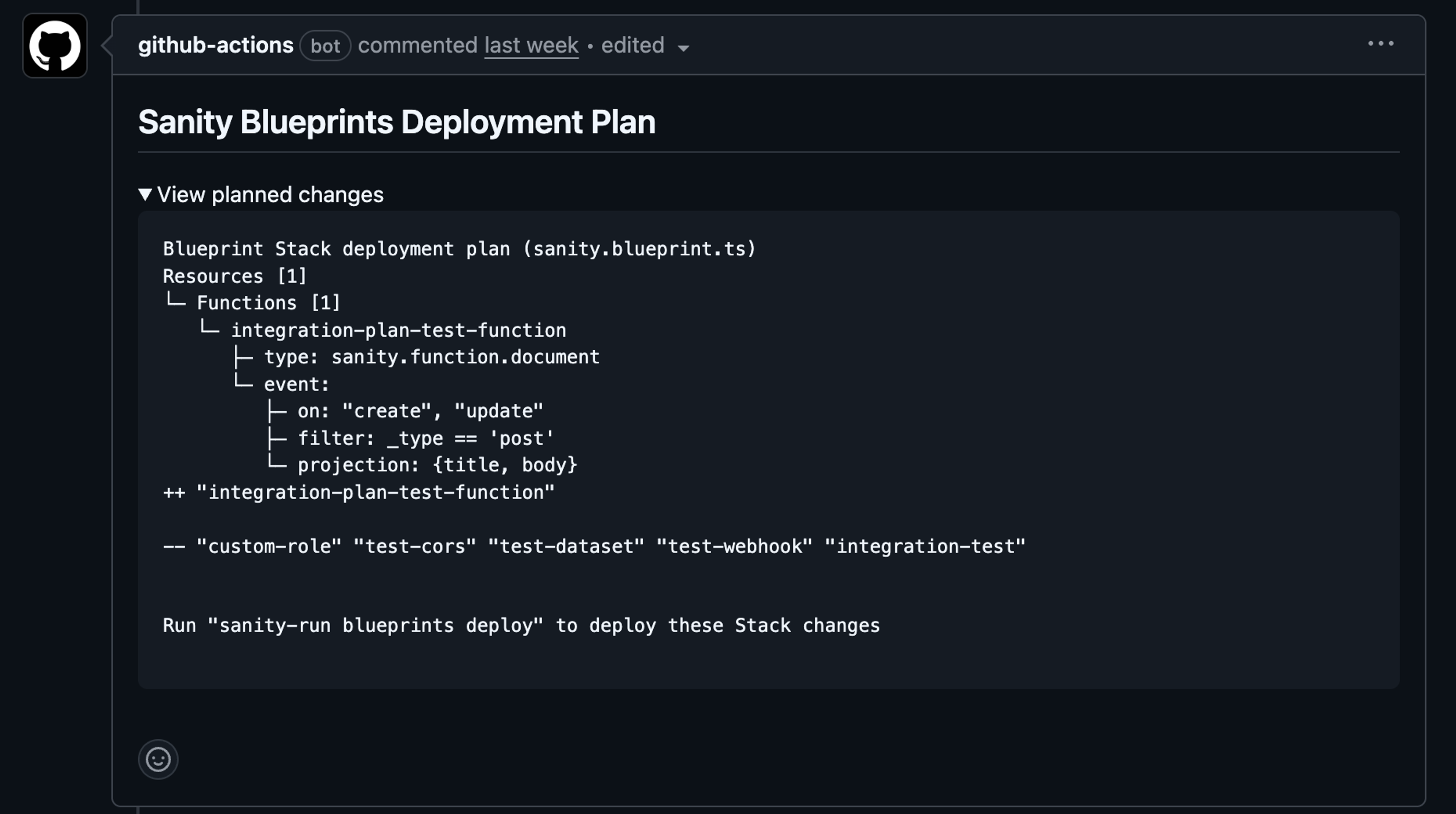 A Sanity Blueprints deployment plan from a GitHub Actions bot, detailing a new function, removed test resources, and the deploy command.