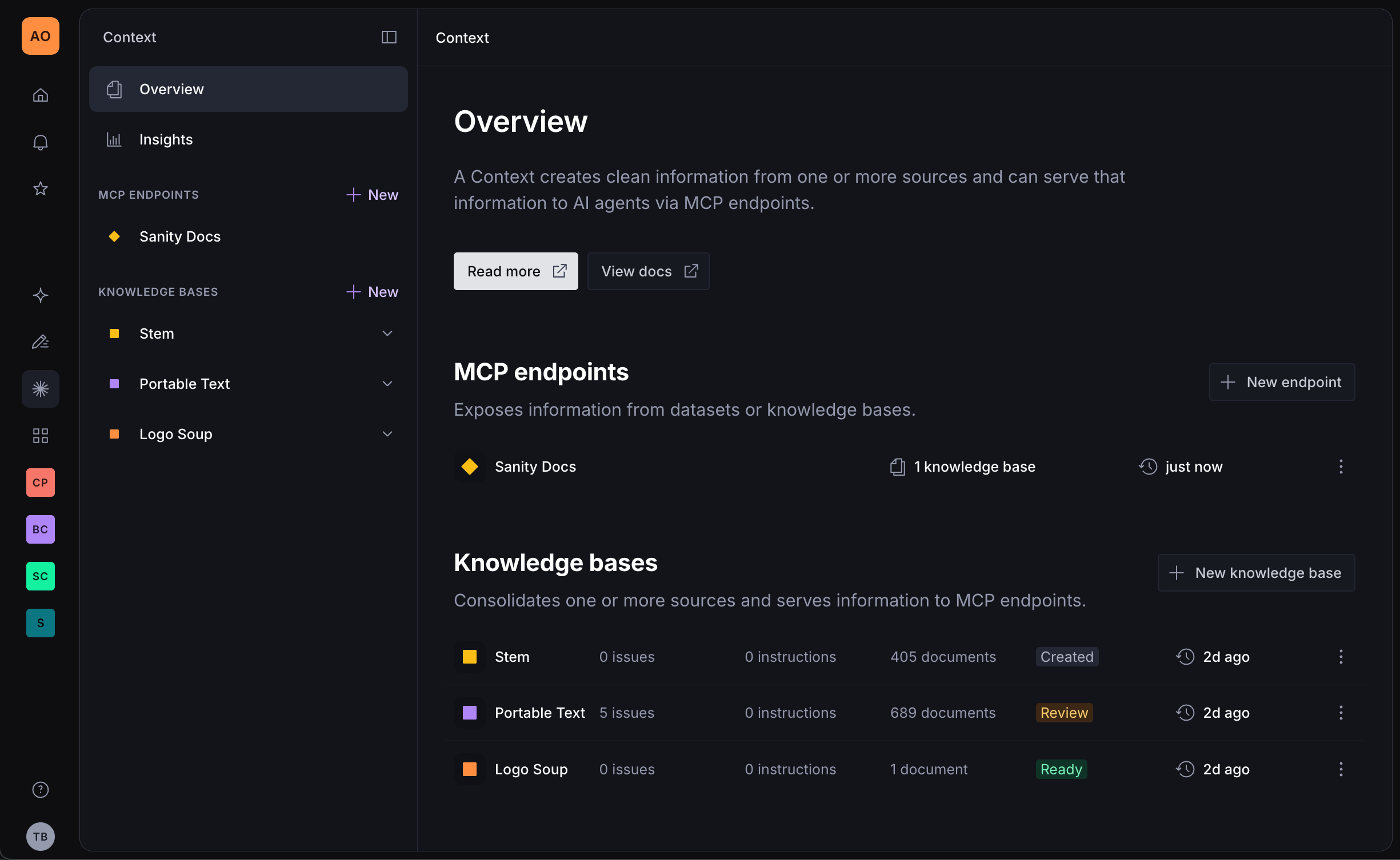 Dark mode UI of a 'Context' application's overview page, displaying sections for 'MCP endpoints' and 'Knowledge bases' with lists of associated items and their statuses.