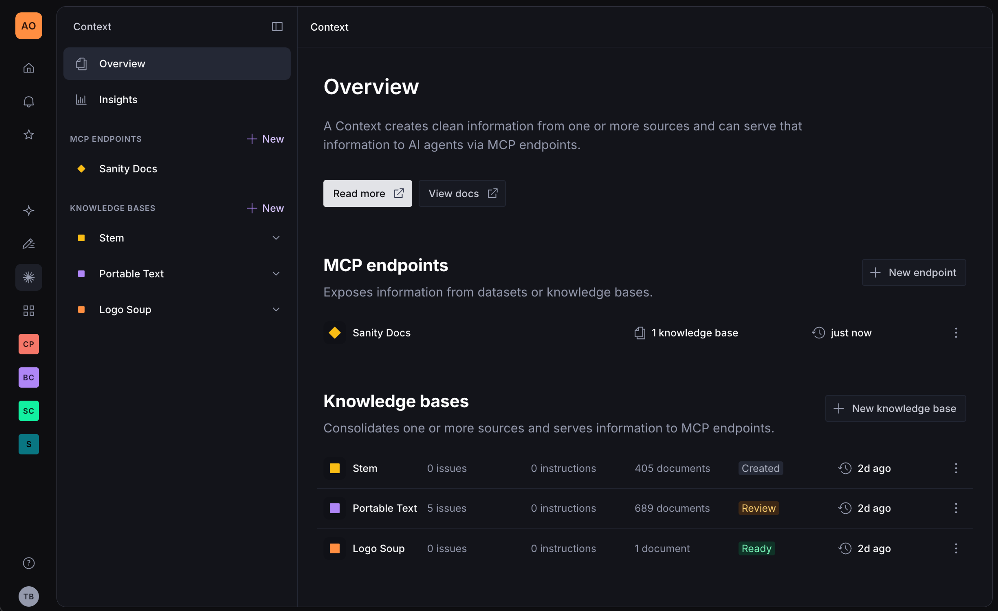Dark mode UI of a 'Context' application's overview page, displaying sections for 'MCP endpoints' and 'Knowledge bases' with lists of associated items and their statuses.