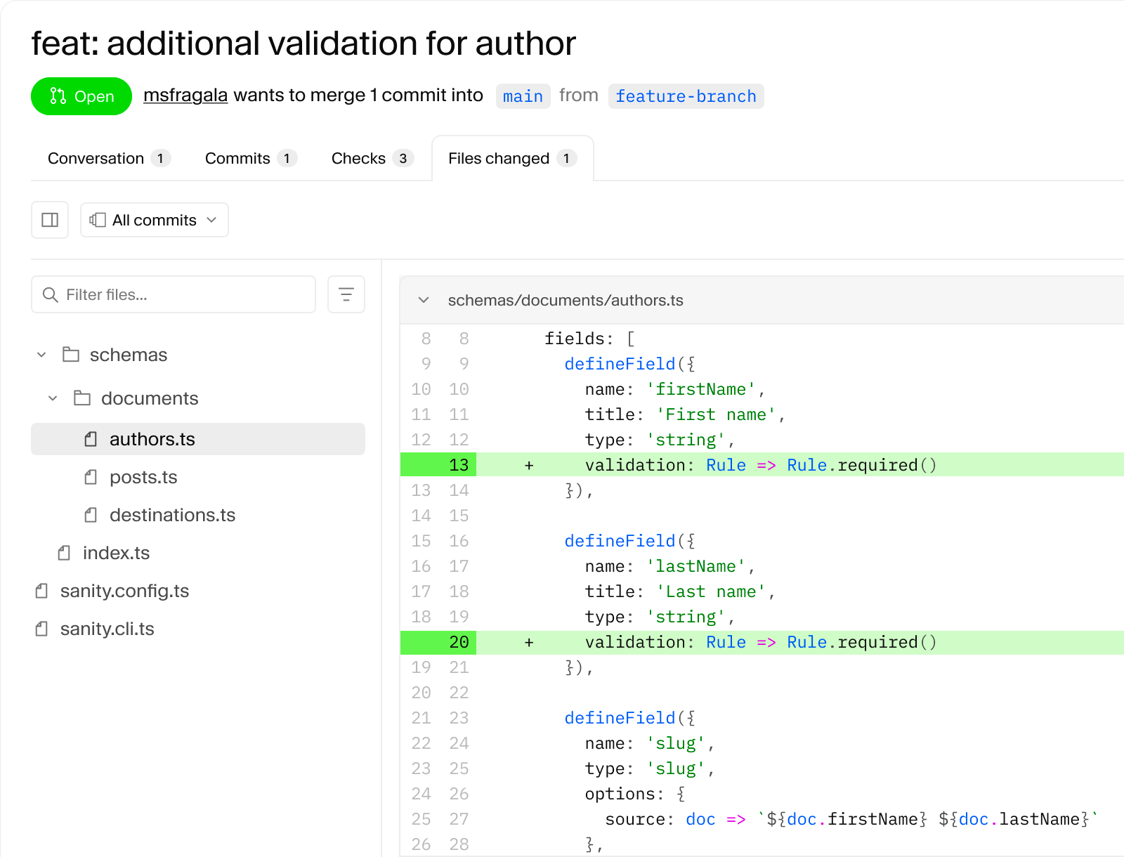 GitHub pull request showing code additions for 'required' validation rules in the `authors.ts` file.