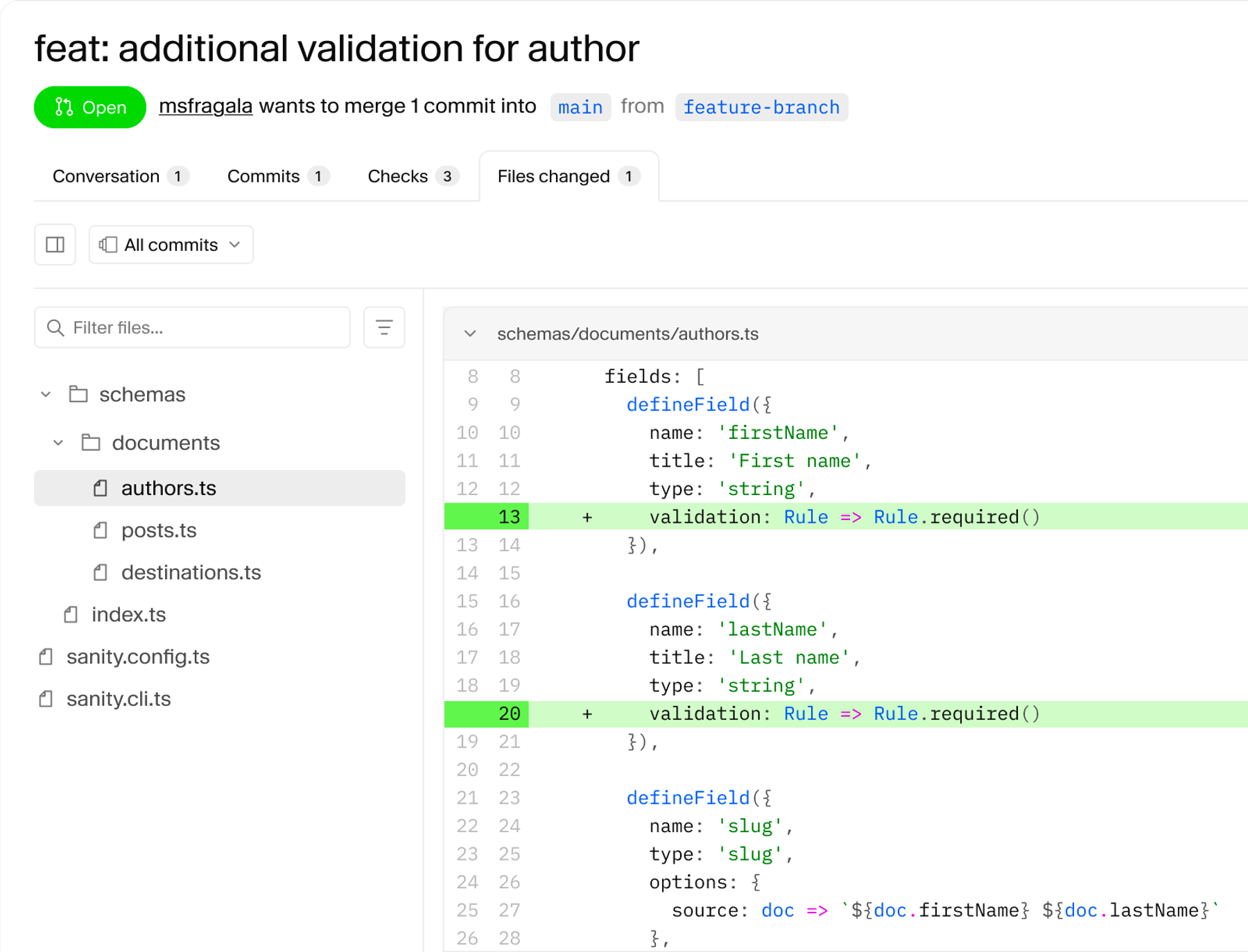 GitHub pull request showing code additions for 'required' validation rules in the `authors.ts` file.