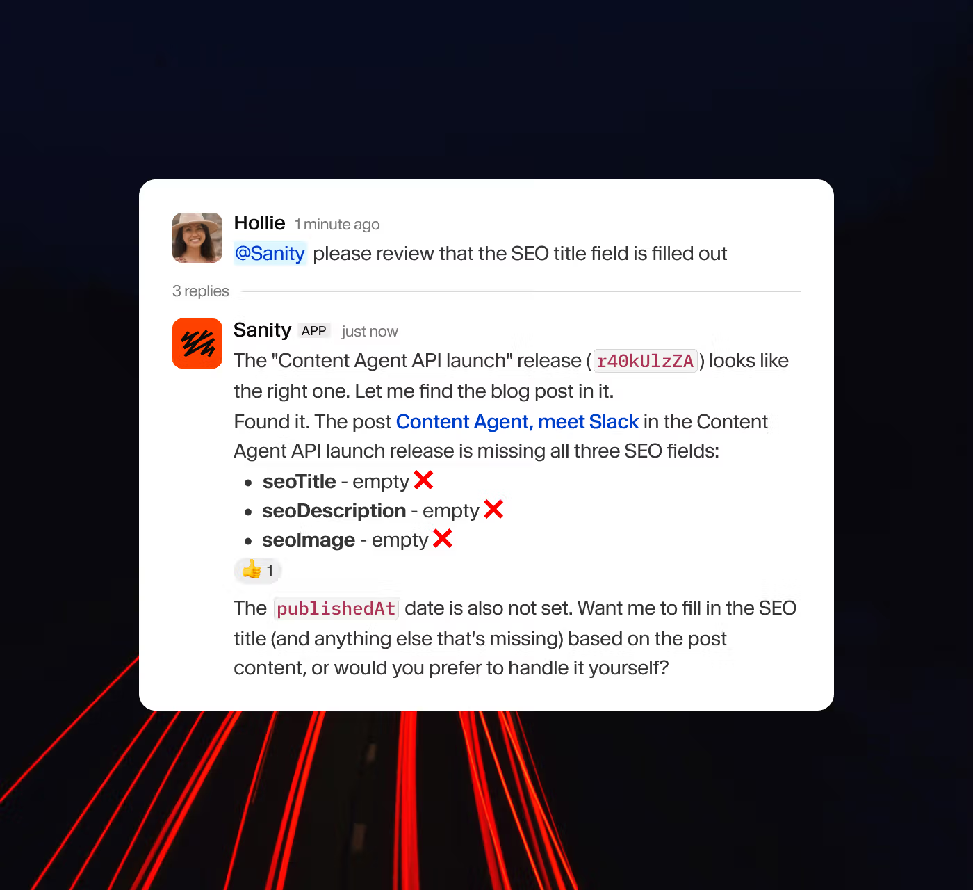 A Slack conversation shows the Sanity app flagging missing SEO fields for a blog post and offering to autofill them.