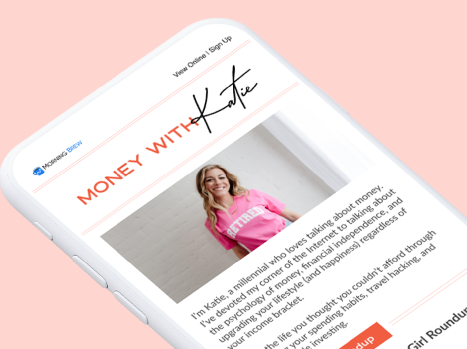 a phone displays a page titled money with katie