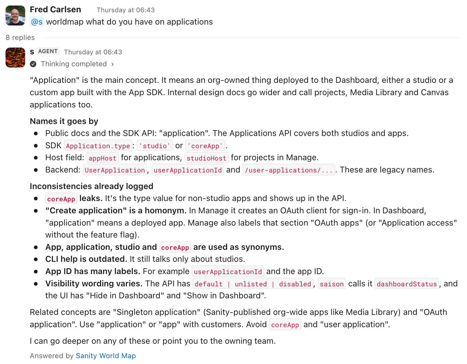 A Slack thread where the World Map agent lists the names "application" goes by across Sanity's docs, SDK and APIs, and the inconsistencies it has already logged.