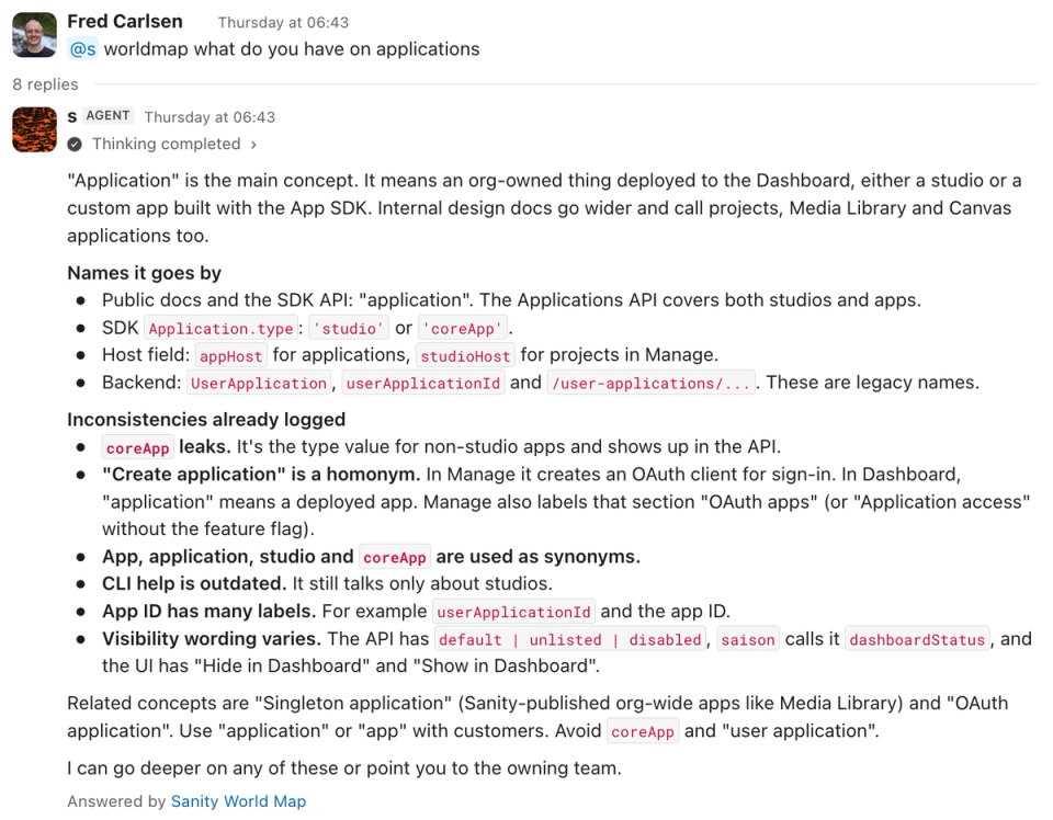 A Slack thread where the World Map agent lists the names "application" goes by across Sanity's docs, SDK and APIs, and the inconsistencies it has already logged. A Slack thread where the World Map agent lists the names "application" goes by across Sanity's docs, SDK and APIs, and the inconsistencies it has already logged.
