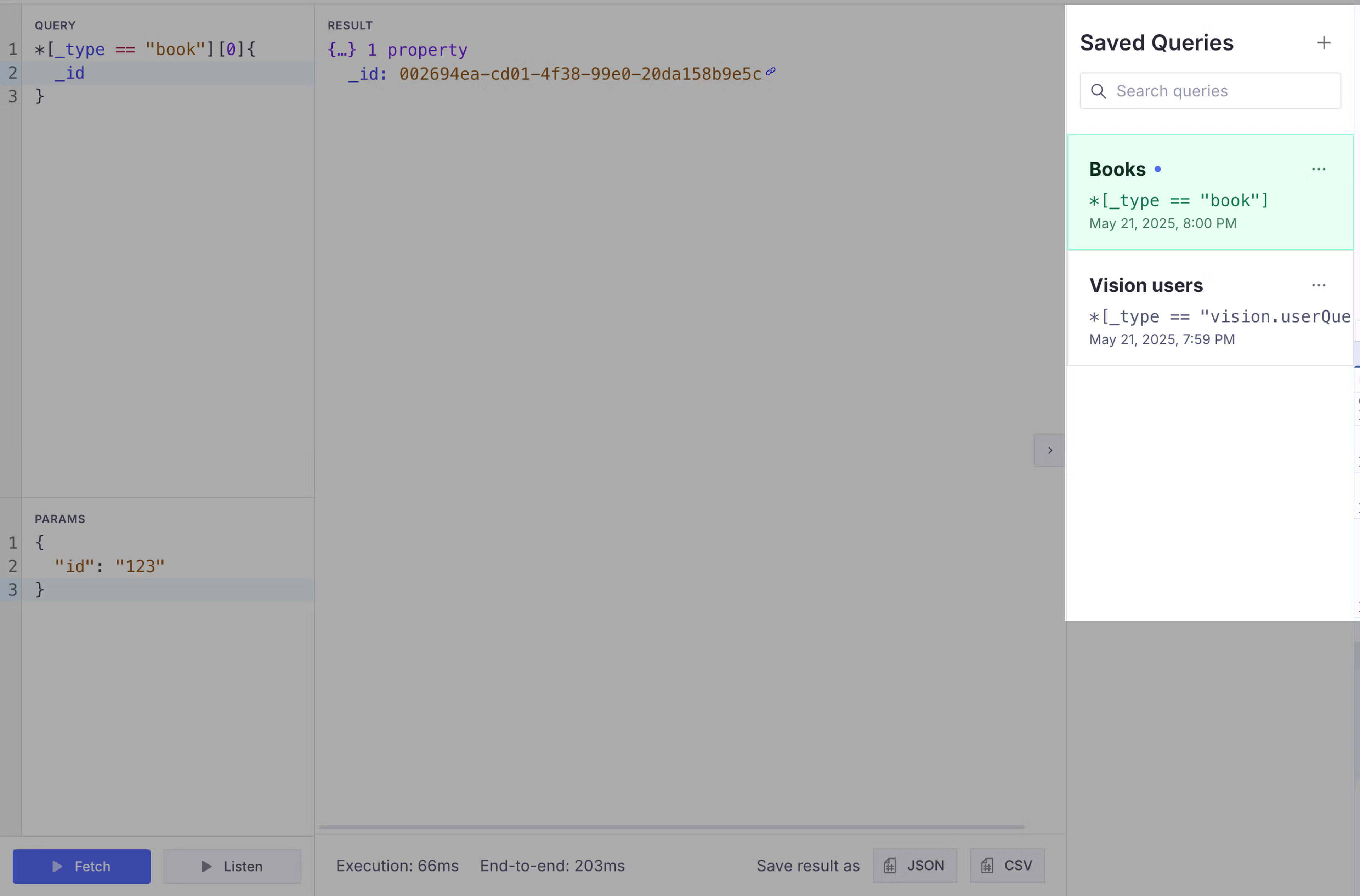 A screenshot of a query interface displaying a book ID query, its result, and a sidebar of saved queries.
