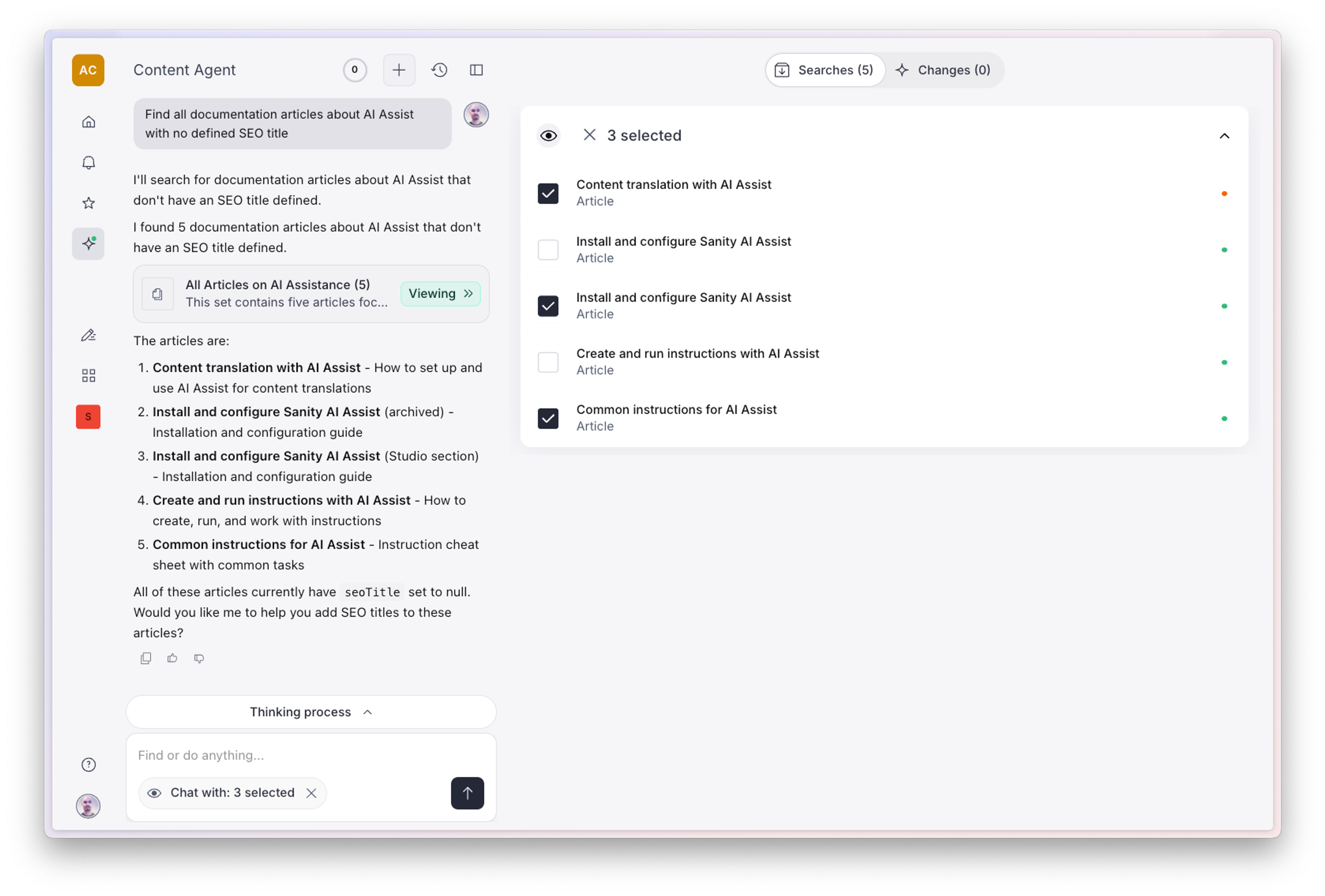 A Content Agent AI interface shows a list of five documentation articles missing SEO titles, with three articles selected in a side panel.