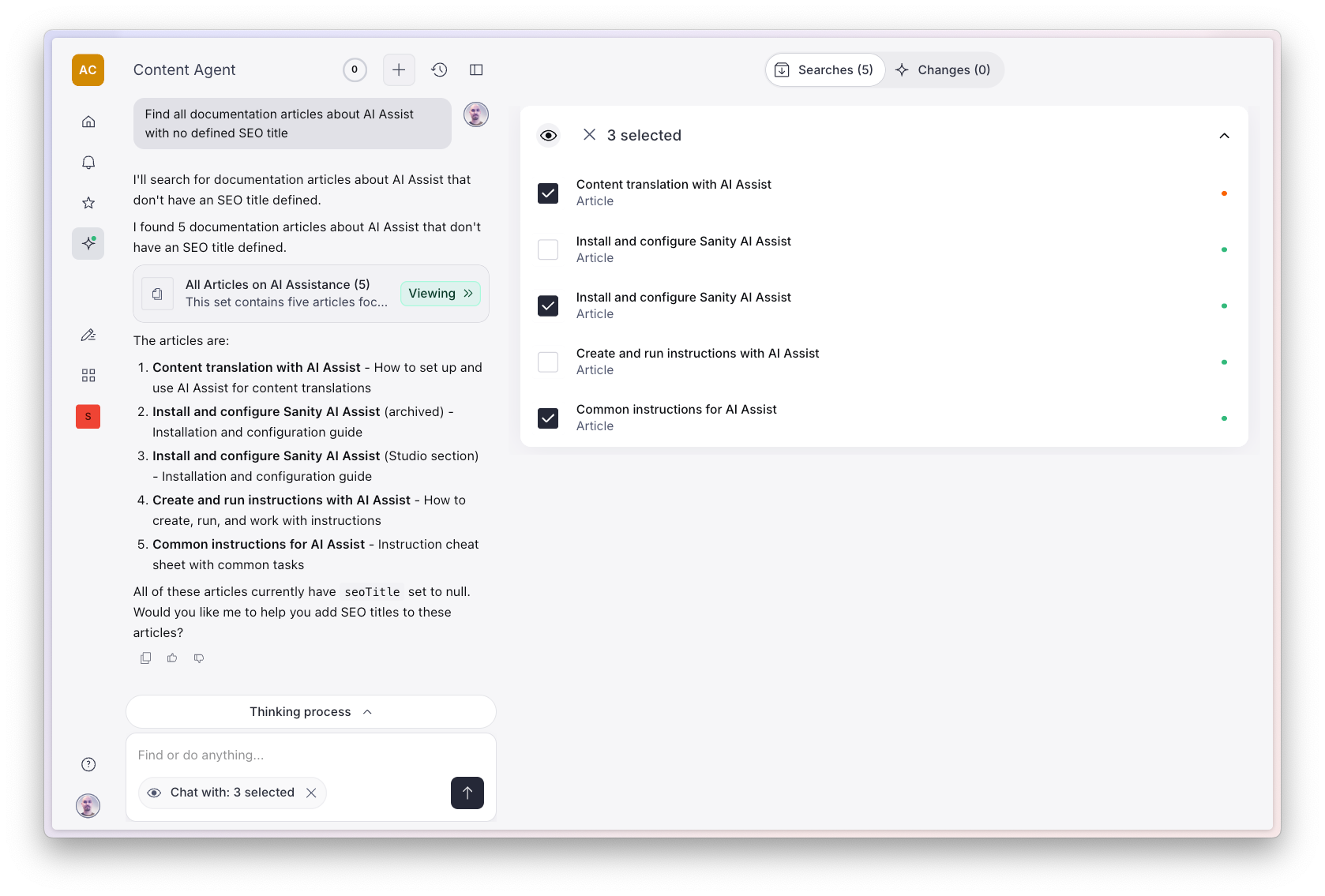 A Content Agent AI interface shows a list of five documentation articles missing SEO titles, with three articles selected in a side panel.