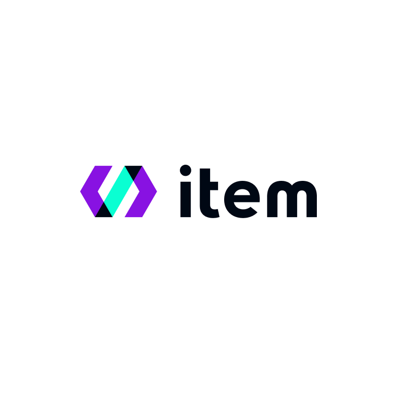 a logo for item with a purple and green arrow