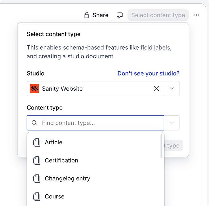 A dialog for selecting content type, showing 'Sanity Website' as the studio and a dropdown list of content types including Article, Certification, and Course.