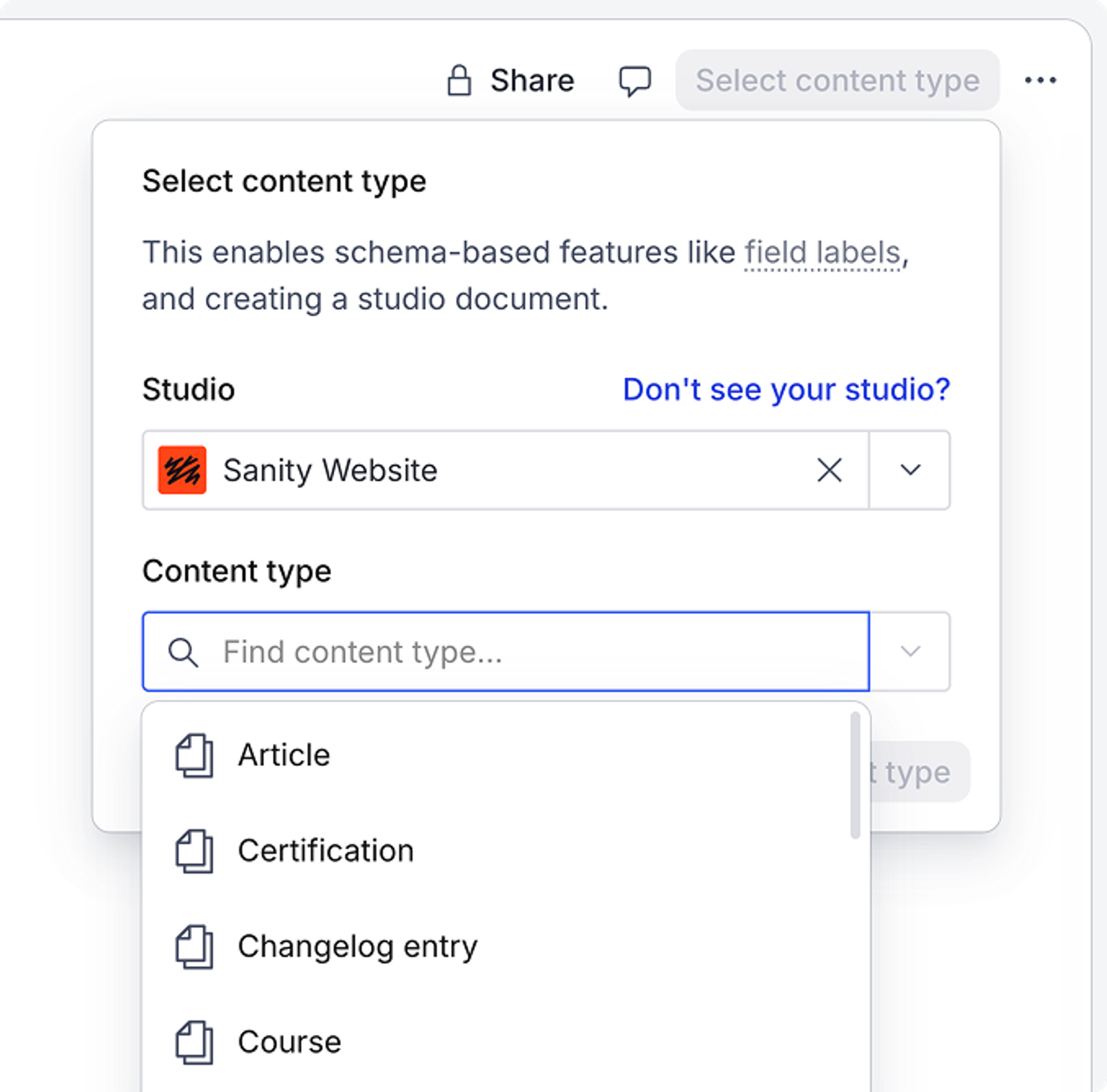 A dialog for selecting content type, showing 'Sanity Website' as the studio and a dropdown list of content types including Article, Certification, and Course.