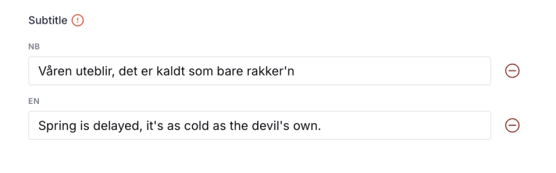 Shows a field named "Subtitle" with two fields marked with NB and EN respectively, each containing a string in that respective language