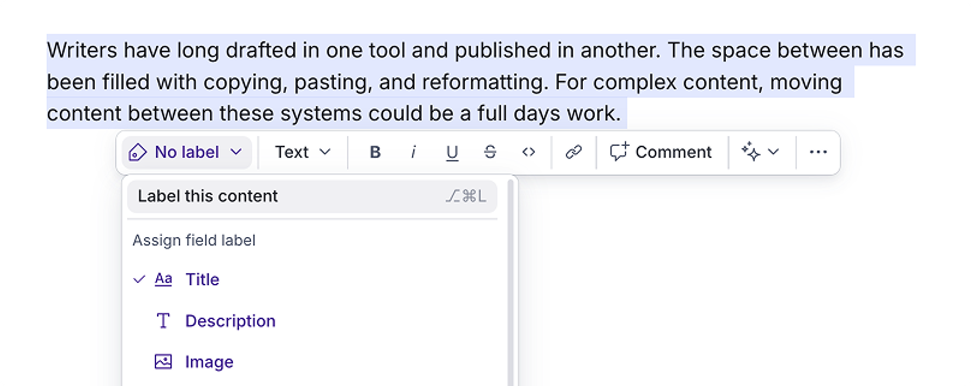 Canvas text editor showing selected text and a dropdown menu open to label content as Title, Description, or Image.