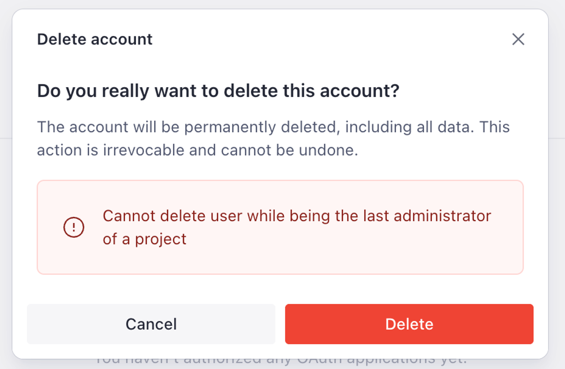 The account settings page in Manage showing the error "Cannot delete user while being the last administrator of a project".