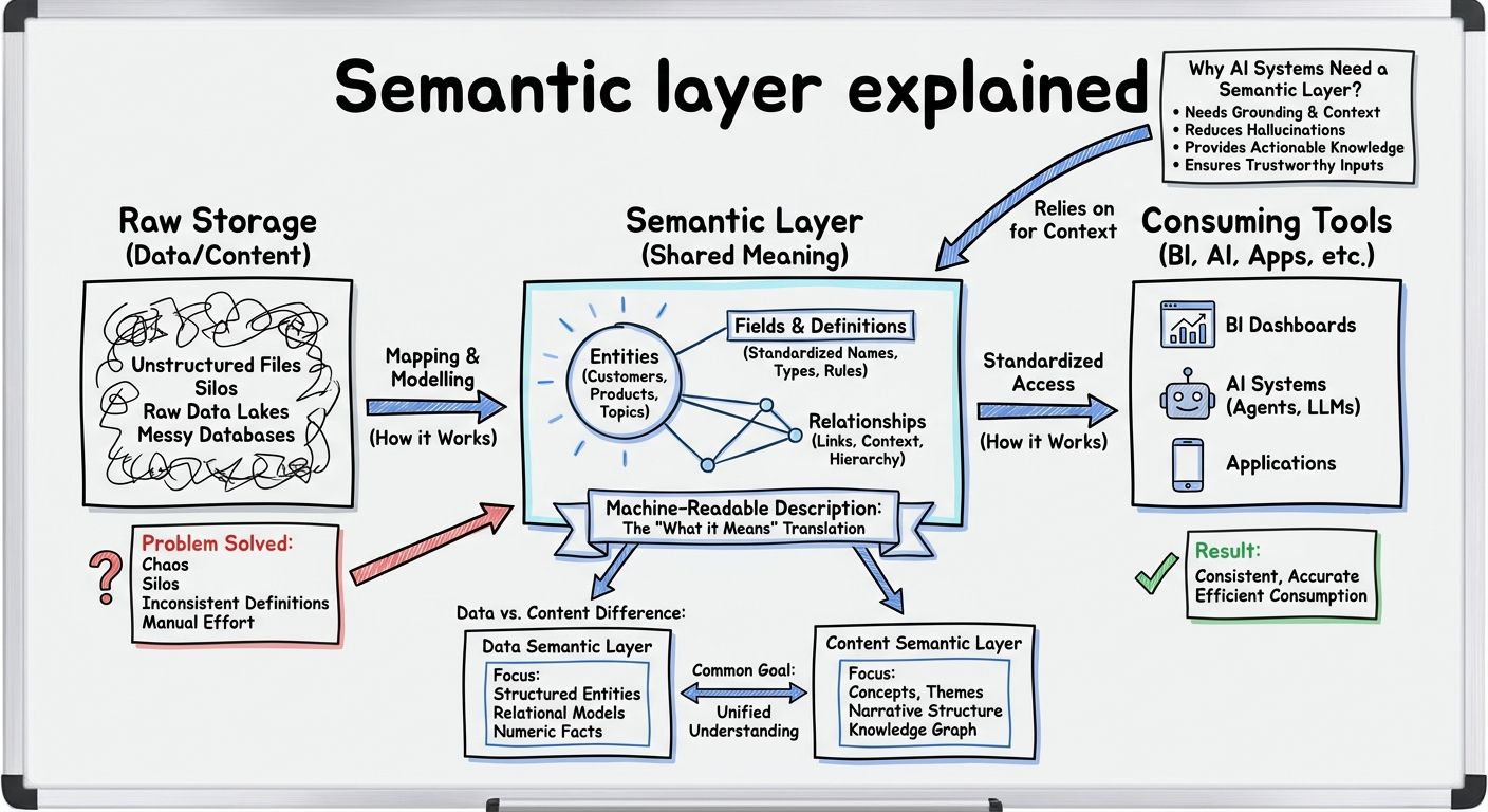 A diagram explaining Semantic layer in terms of related concepts.