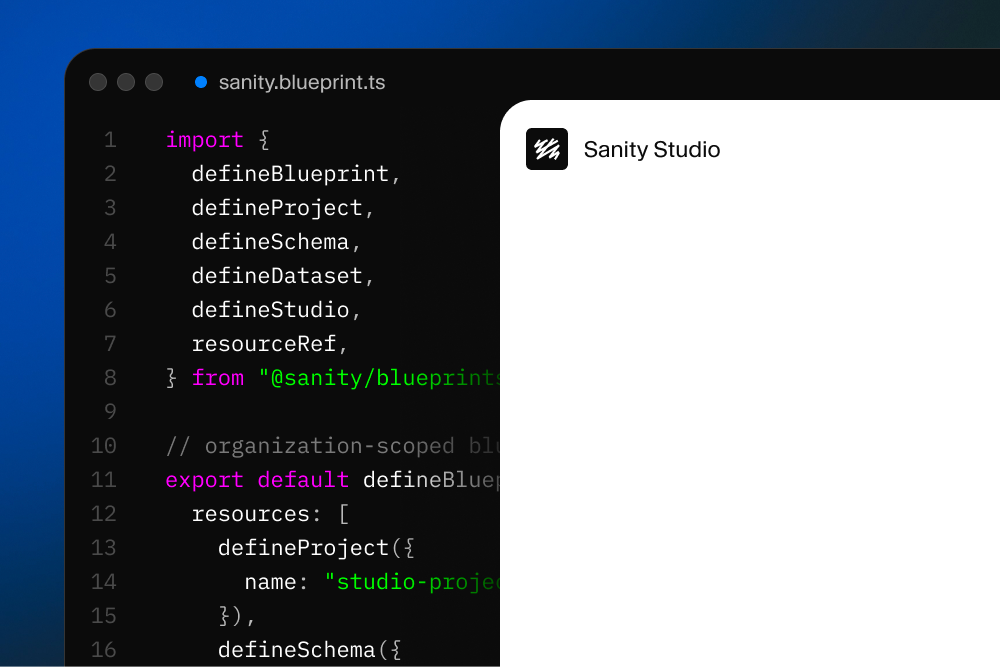 A code editor displaying Sanity Blueprint TypeScript code with a 'Sanity Studio' popup.