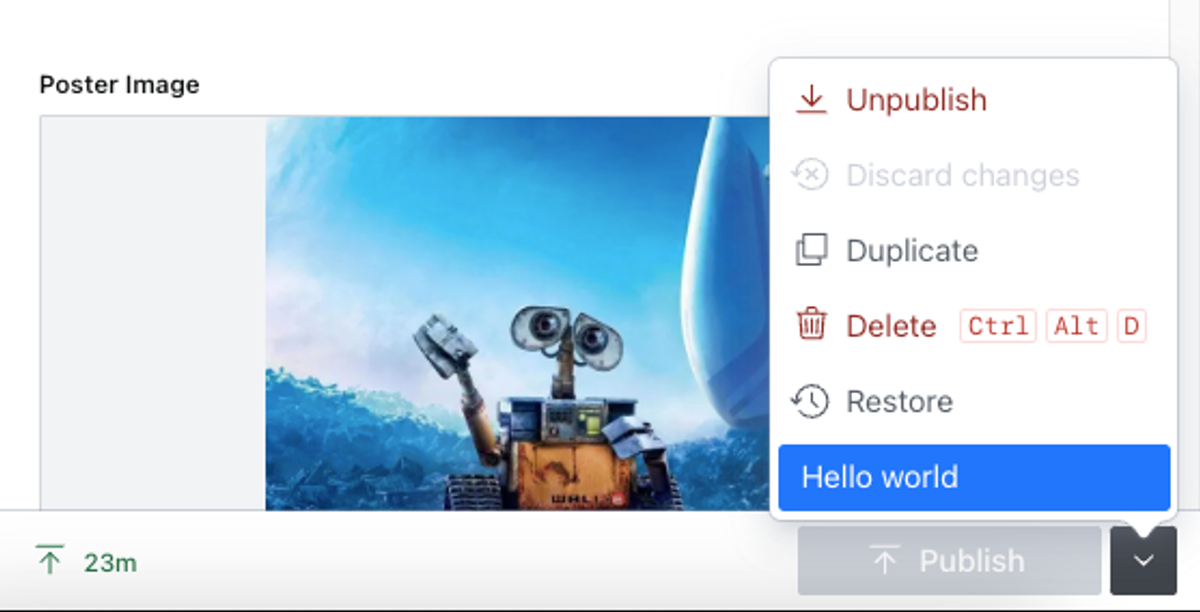 Shows the document actions popup menu with our custom action added to the standard list of available actions