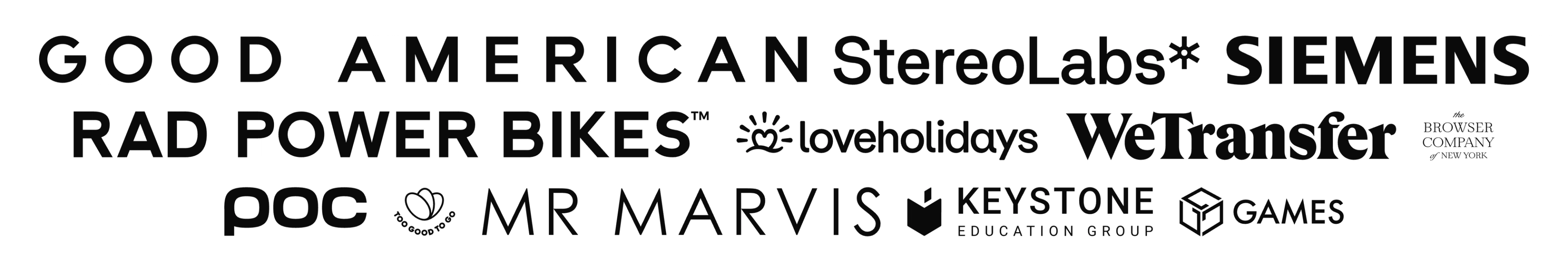 Logos for Good American, StereoLabs, Siemens, Rad Power Bikes, loveholidays, WeTransfer, The Browser Company of New York, POC, Mr Marvis, Keystone Education Group, and Games.