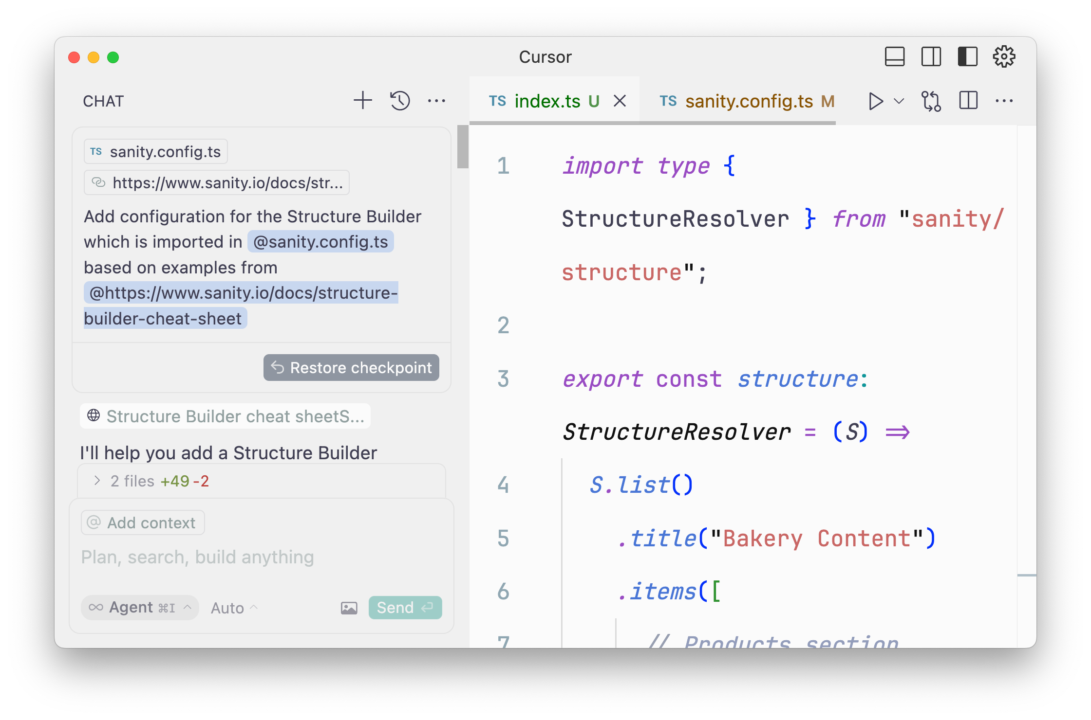 Code editor with a chat window open showing a prompt to setup structure builder
