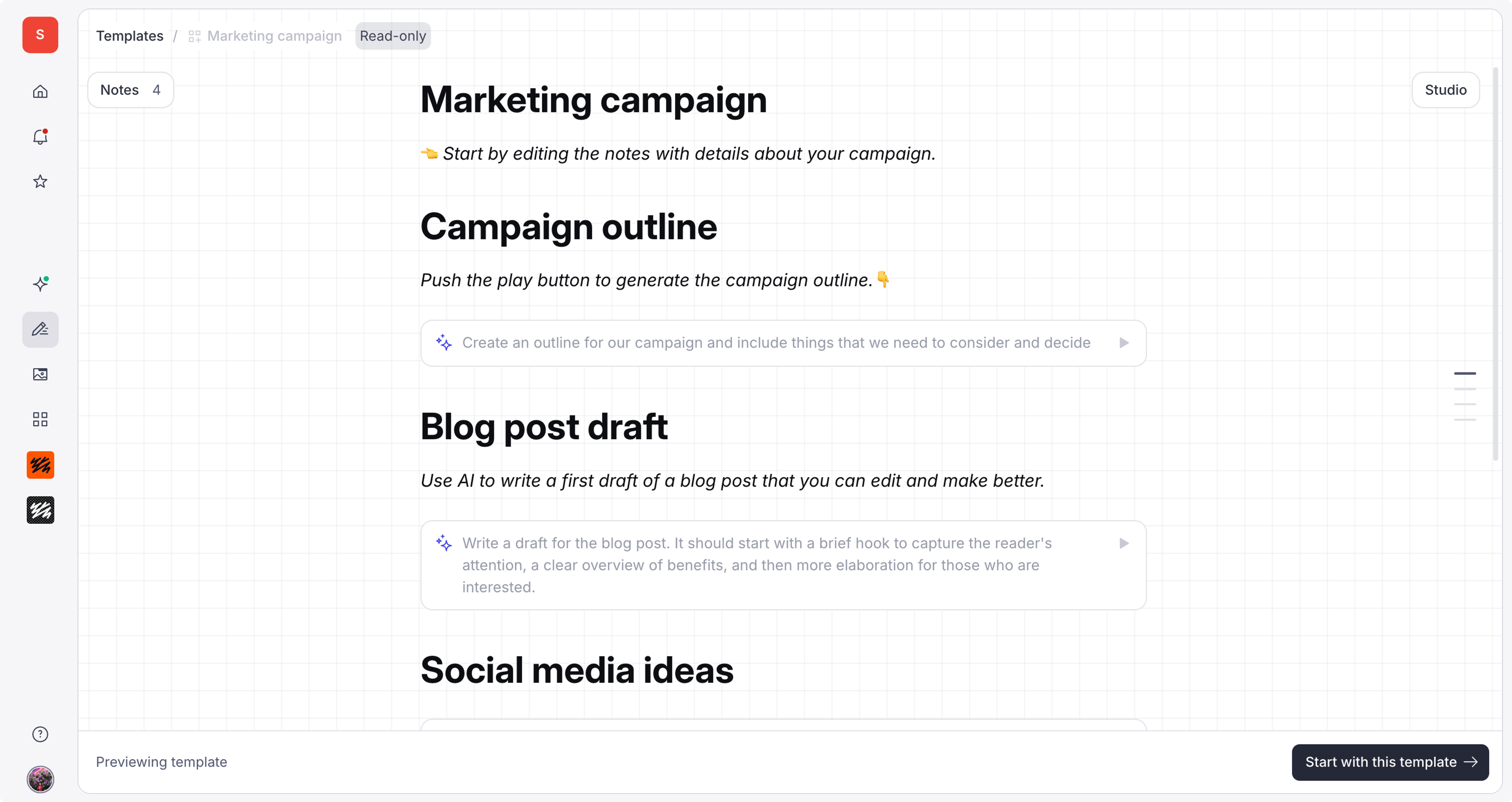 A digital marketing campaign template in Canvas showing sections for outline, blog post, and social media ideas with AI instruction prompts embedded into the template