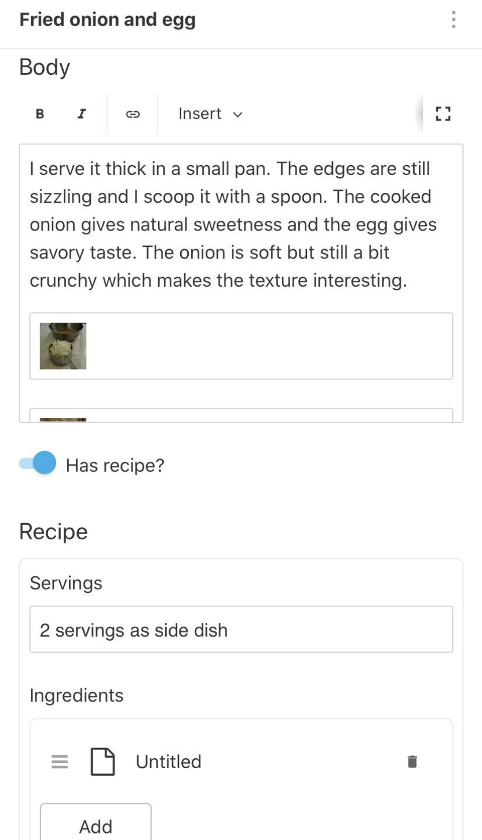 Recipe fields from Sanity Studio